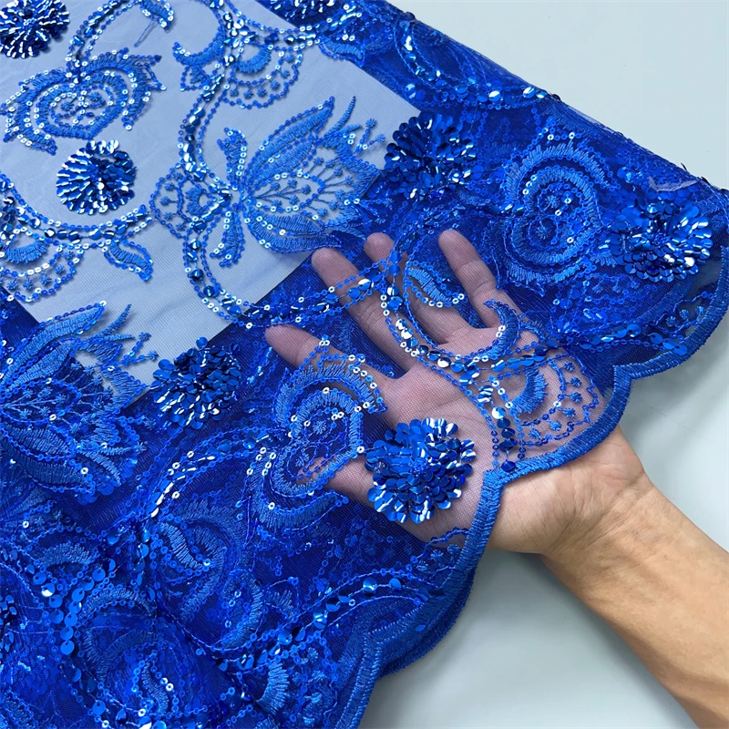 High Quality French Mesh Lace Fabric Beaded African Lace Embroidey Fabrics Sequins Luxury For Sew Wedding Dresses, 5yards TY3858
