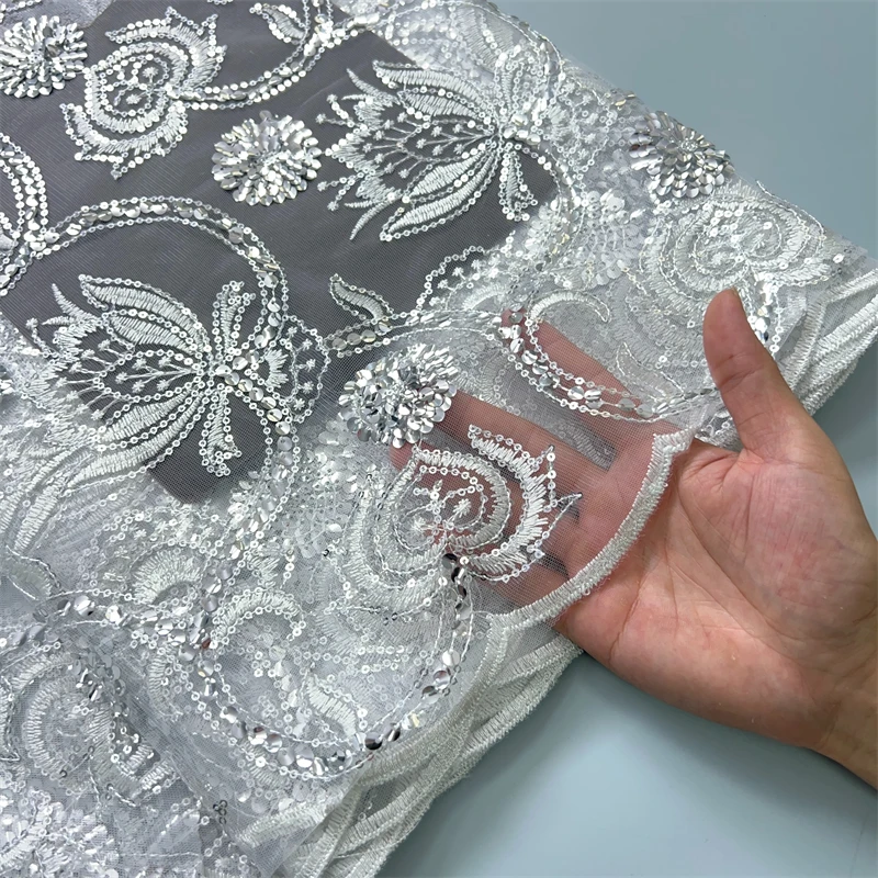 High Quality French Mesh Lace Fabric Beaded African Lace Embroidey Fabrics Sequins Luxury For Sew Wedding Dresses, 5yards TY3858