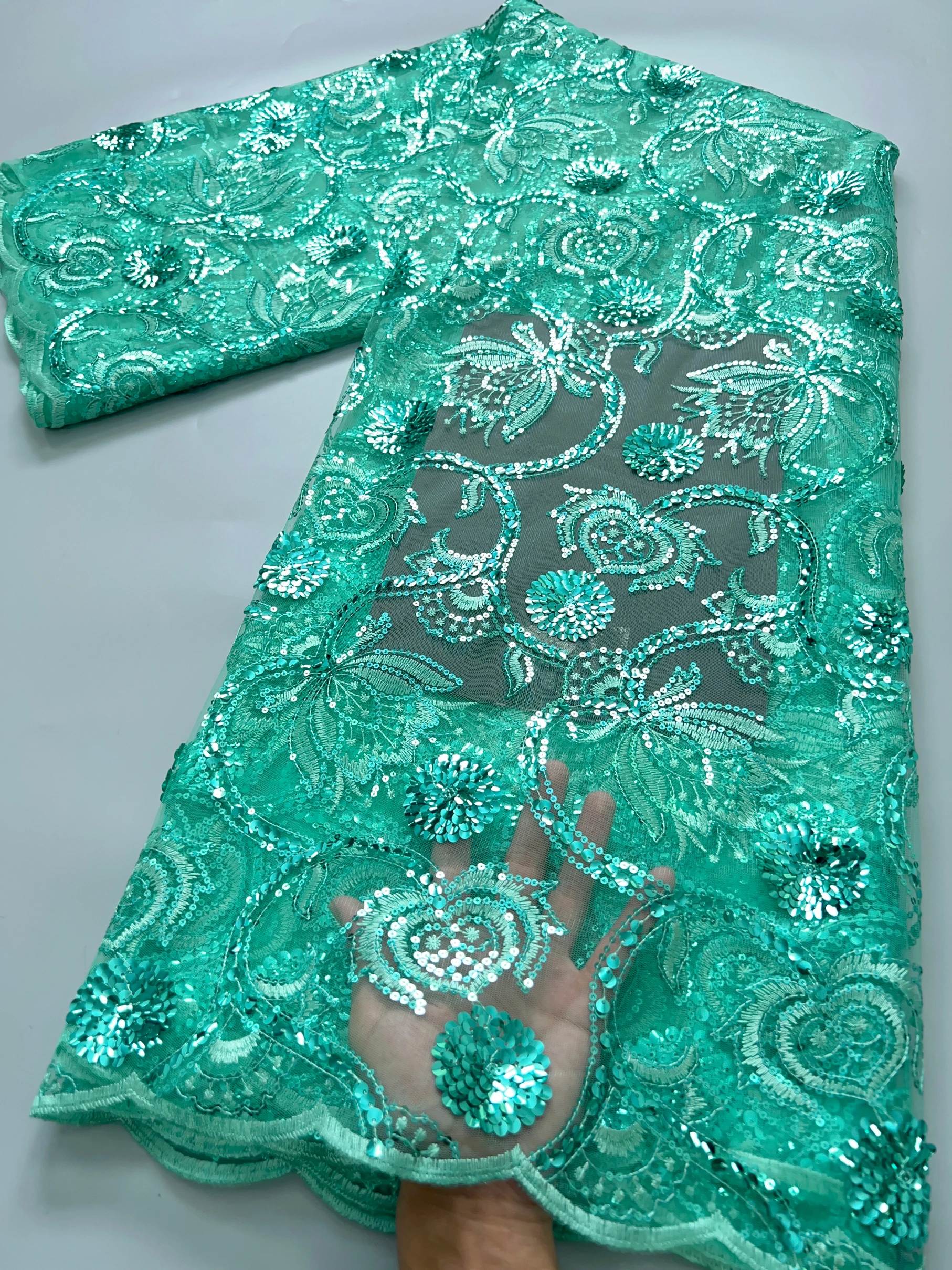 High Quality French Mesh Lace Fabric Beaded African Lace Embroidey Fabrics Sequins Luxury For Sew Wedding Dresses, 5yards TY3858