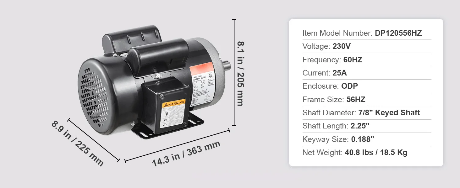 SucceBuy 5HP Air Compressor Motor 230V Electric Motor 3450RPM 56Hz Frame 7/8" Keyed Shaft 2.25" Shaft Length for Compressors