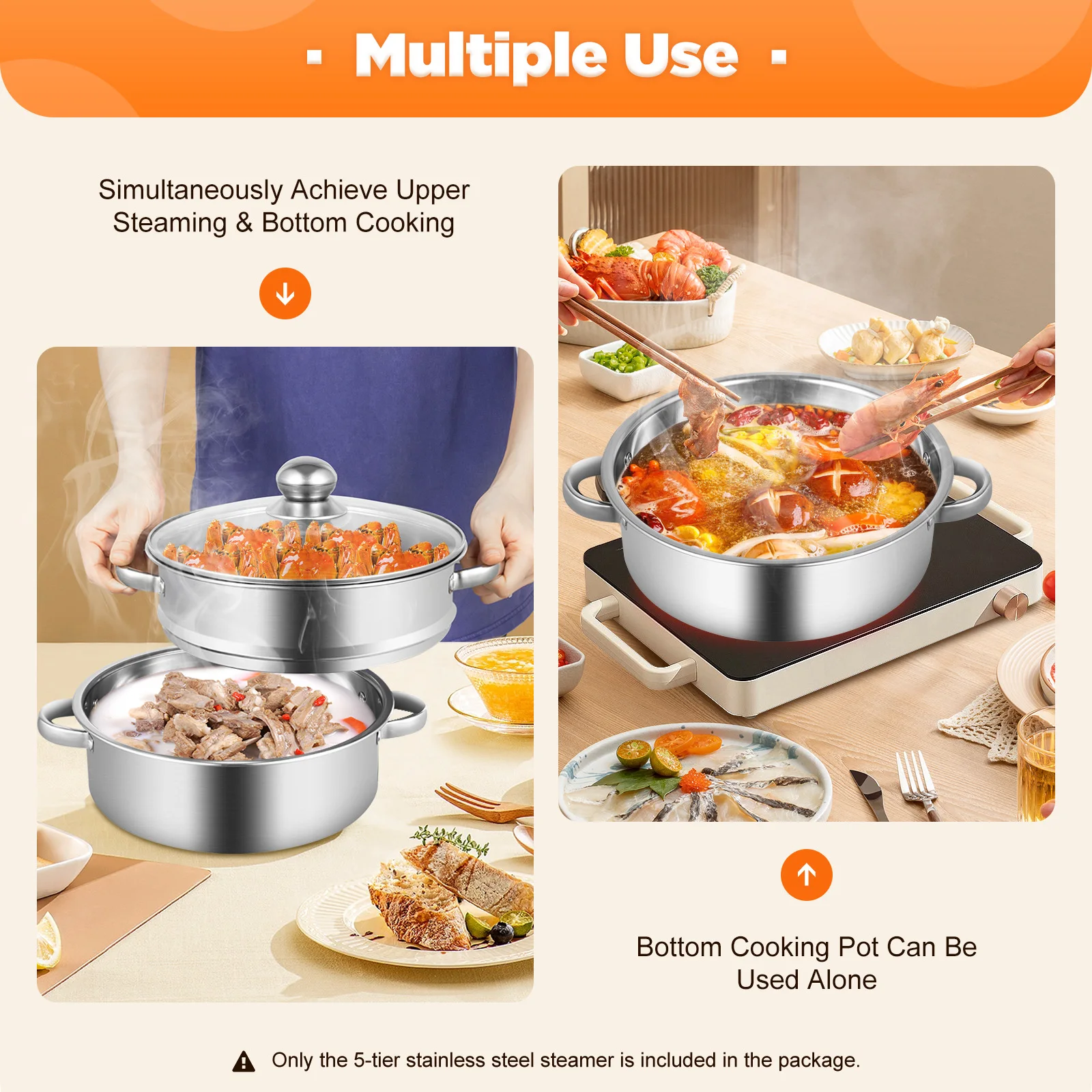 5-Layer Steamer 26cm/28cm/30cm Steam Cooker 304 Food-Grade Stainless Steel 4 Steaming Grids and 1 Cooking Pot W/ Glass Lid