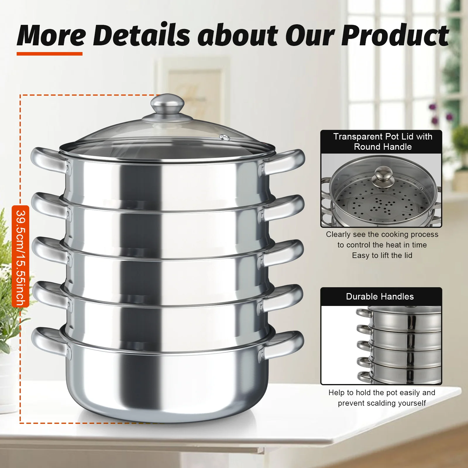 5-Layer Steamer 26cm/28cm/30cm Steam Cooker 304 Food-Grade Stainless Steel 4 Steaming Grids and 1 Cooking Pot W/ Glass Lid
