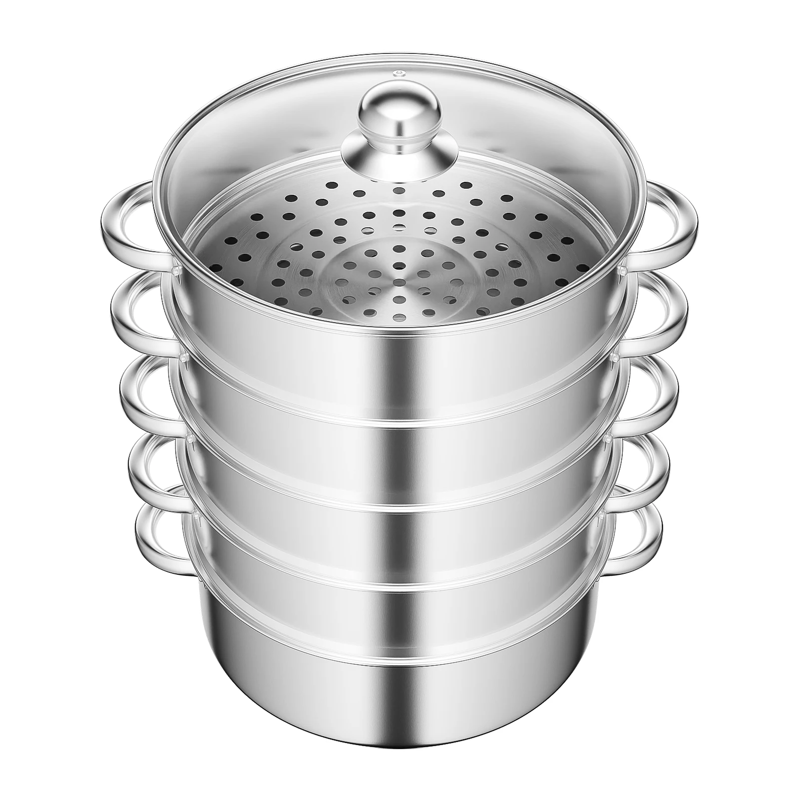 5-Layer Steamer 26cm/28cm/30cm Steam Cooker 304 Food-Grade Stainless Steel 4 Steaming Grids and 1 Cooking Pot W/ Glass Lid