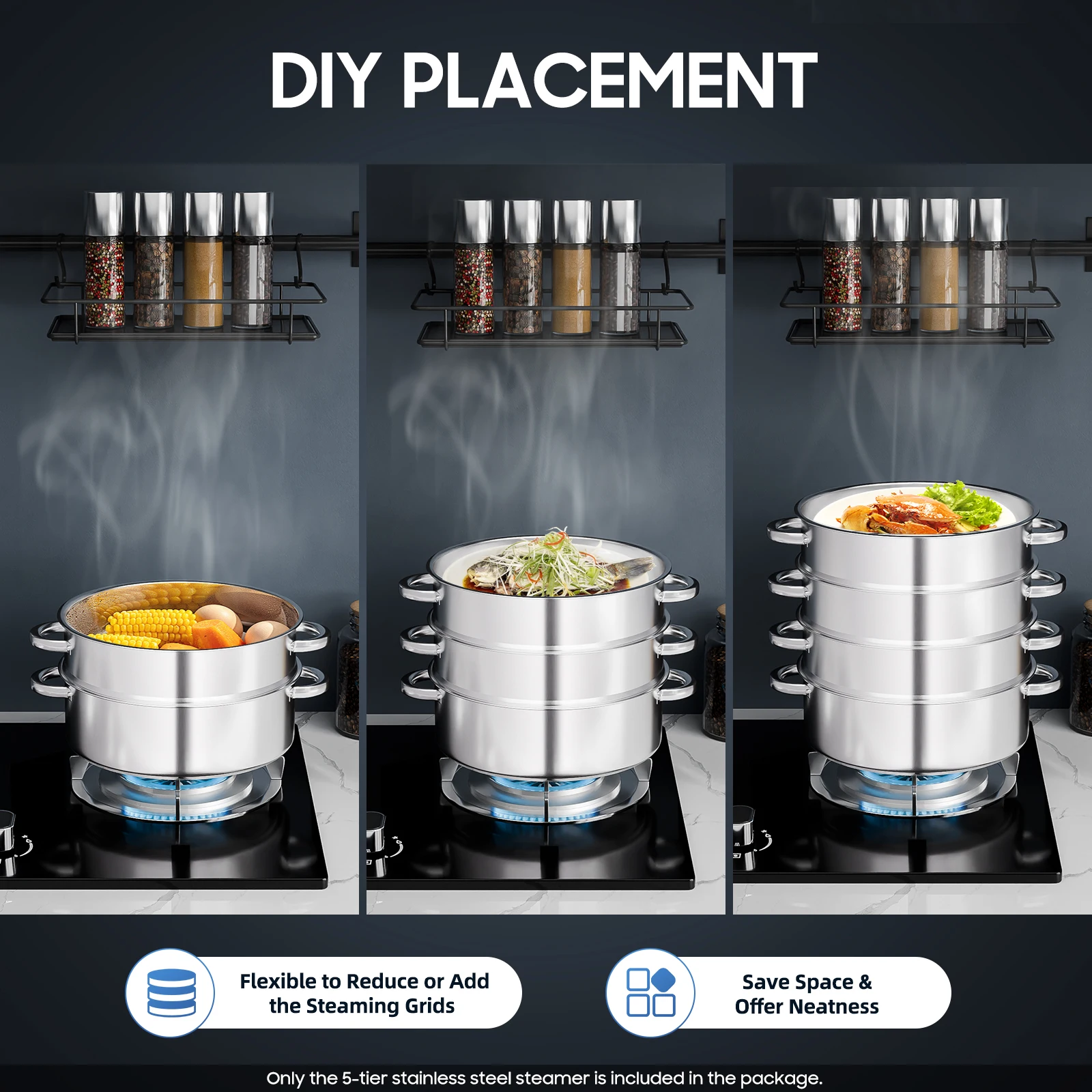 5-Layer Steamer 26cm/28cm/30cm Steam Cooker 304 Food-Grade Stainless Steel 4 Steaming Grids and 1 Cooking Pot W/ Glass Lid