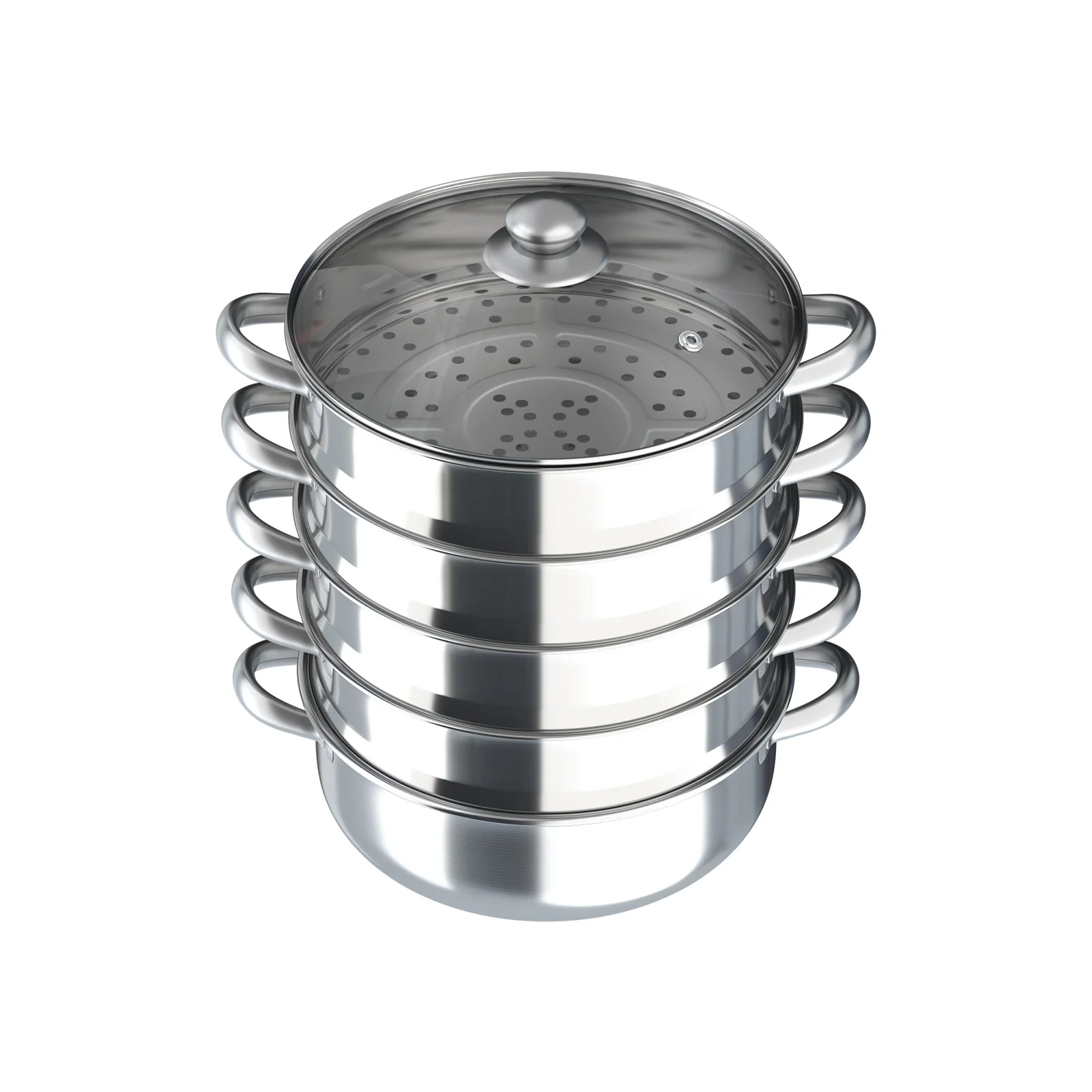 5-Layer Steamer 26cm/28cm/30cm Steam Cooker 304 Food-Grade Stainless Steel 4 Steaming Grids and 1 Cooking Pot W/ Glass Lid