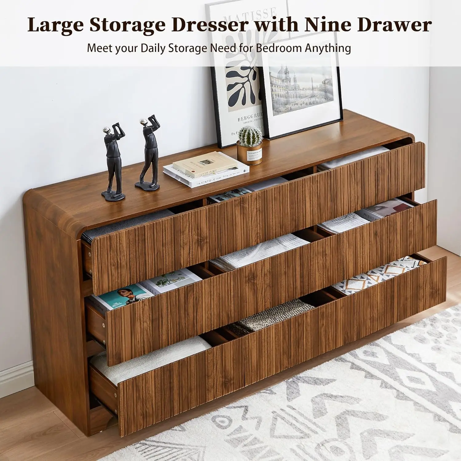 Fluted 9-Drawer Dresser 63" Wide Curved Deep Drawer Wood Bedroom Living Room TV Stand, Customized