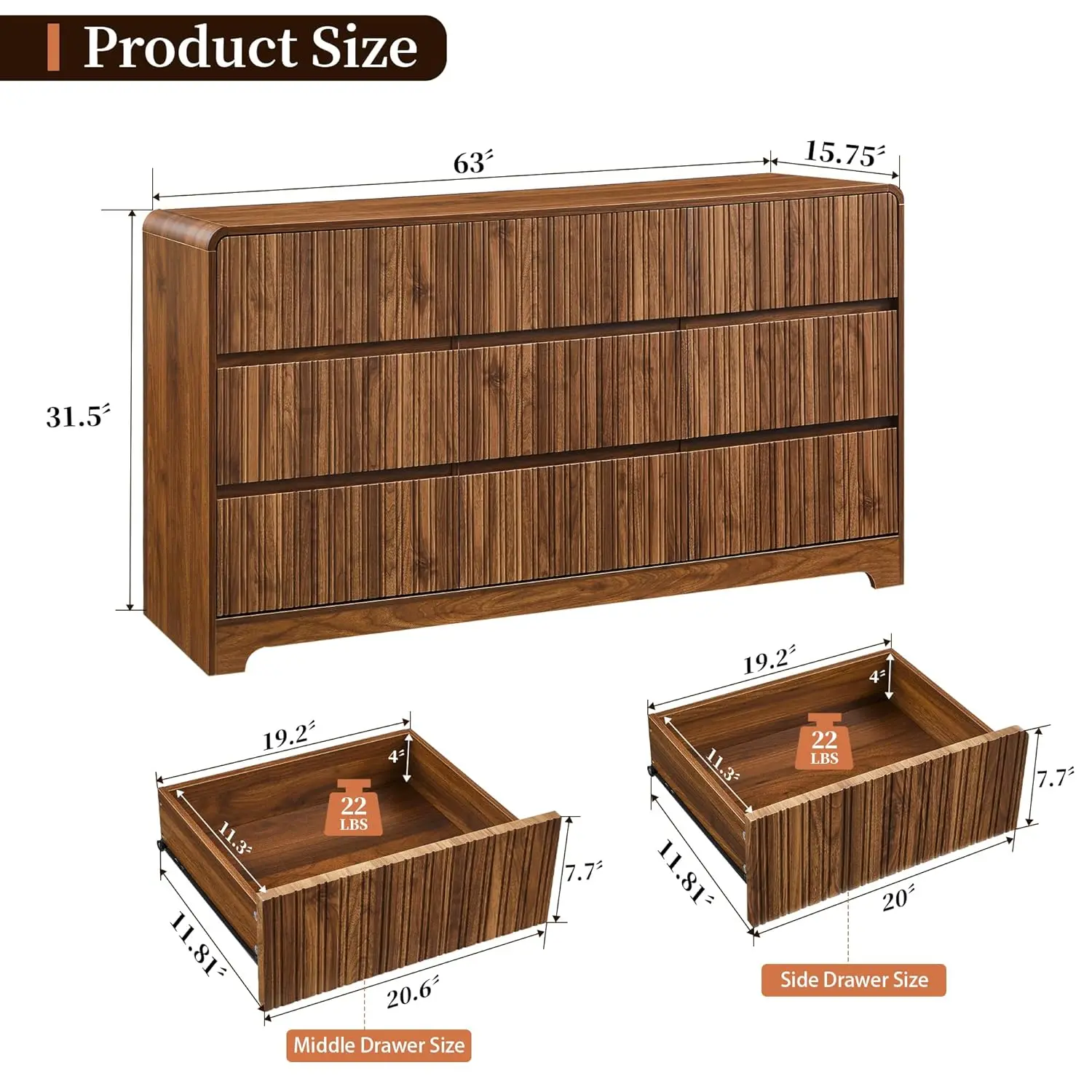 Fluted 9-Drawer Dresser 63" Wide Curved Deep Drawer Wood Bedroom Living Room TV Stand, Customized