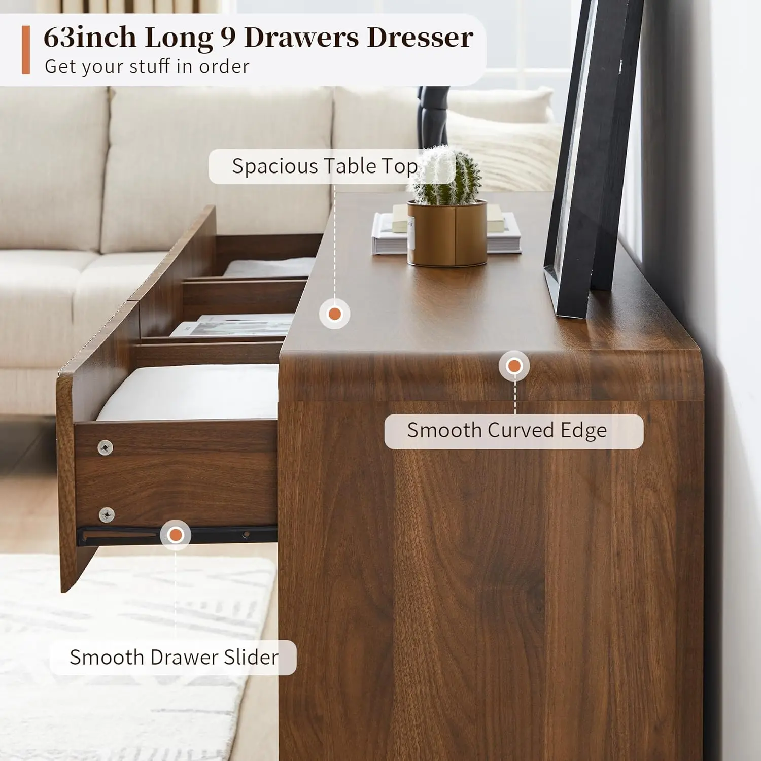 Fluted 9-Drawer Dresser 63" Wide Curved Deep Drawer Wood Bedroom Living Room TV Stand, Customized
