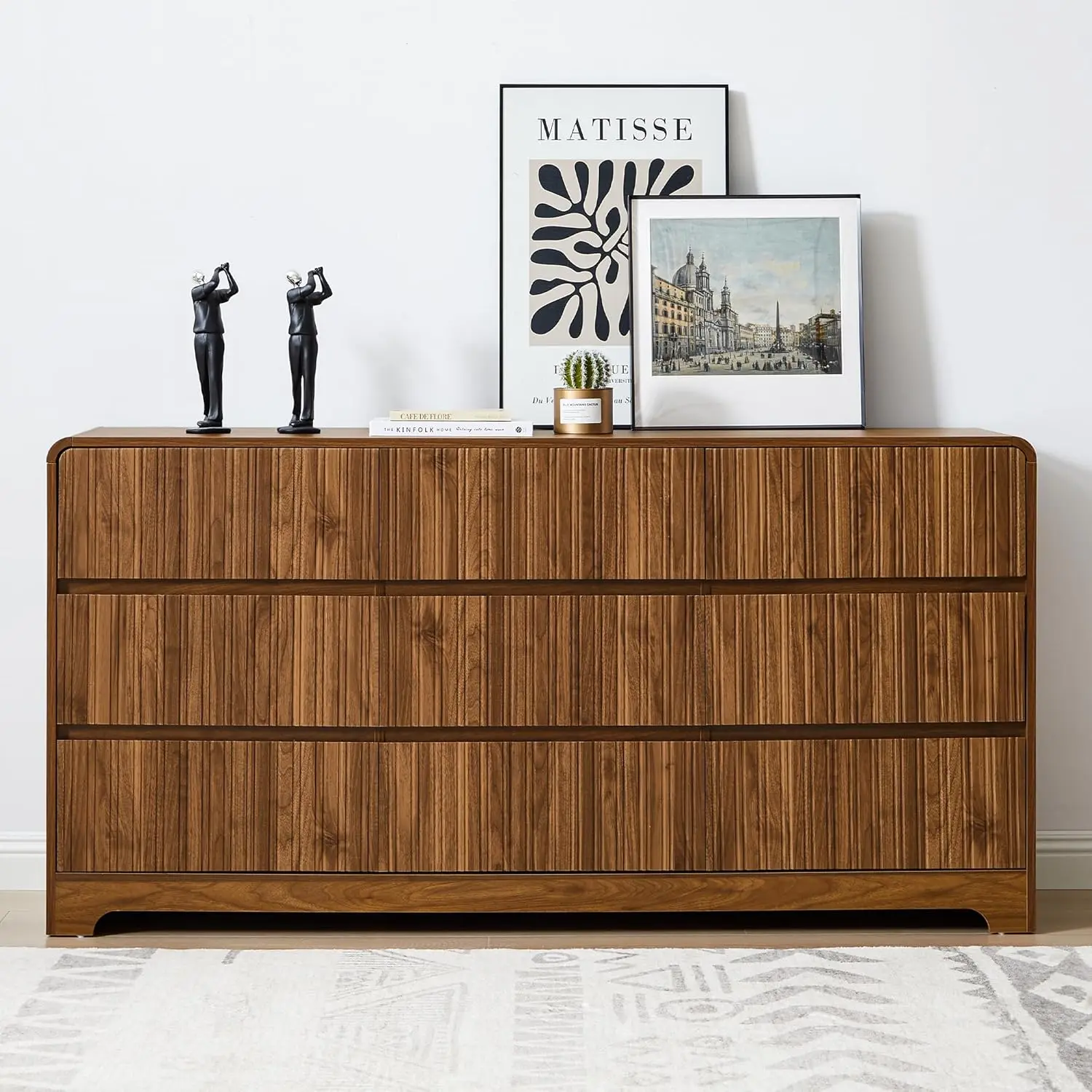 Fluted 9-Drawer Dresser 63" Wide Curved Deep Drawer Wood Bedroom Living Room TV Stand, Customized