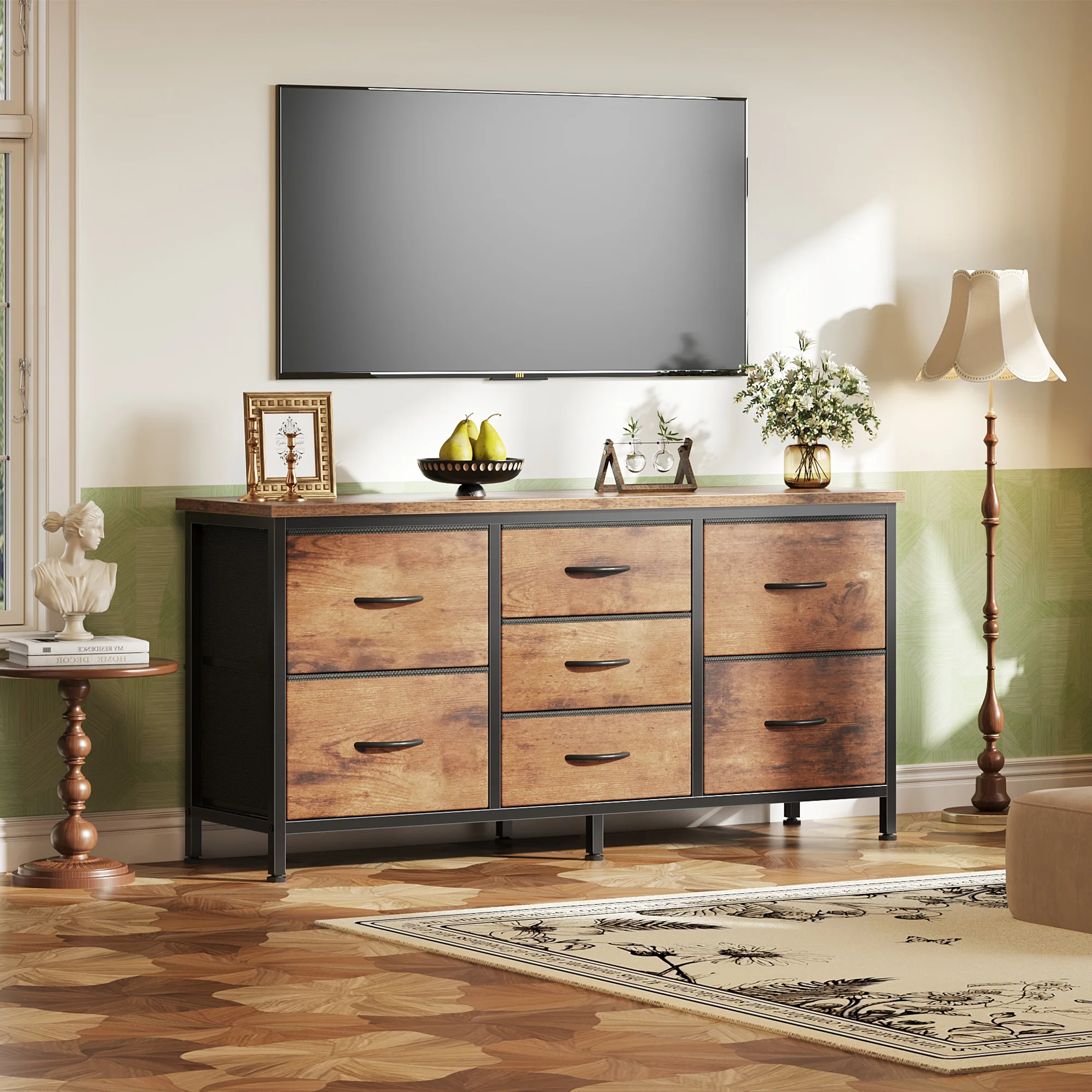 JHK 7 Drawer Drawers TV Stand Dresser Wood Top Media Console for 32-55 inch TV Stand with Metal Frame Storage Display Furniture