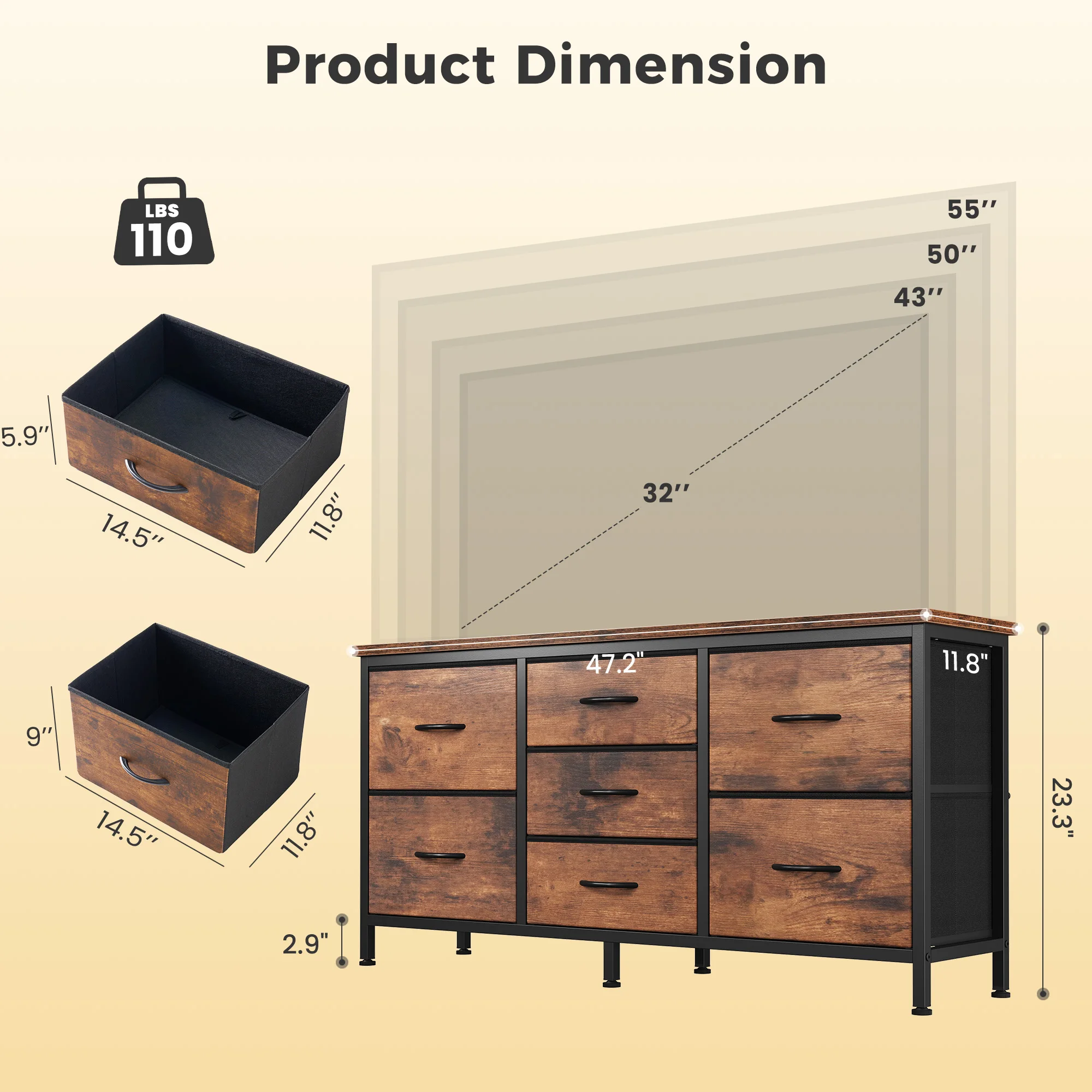 JHK 7 Drawer Drawers TV Stand Dresser Wood Top Media Console for 32-55 inch TV Stand with Metal Frame Storage Display Furniture