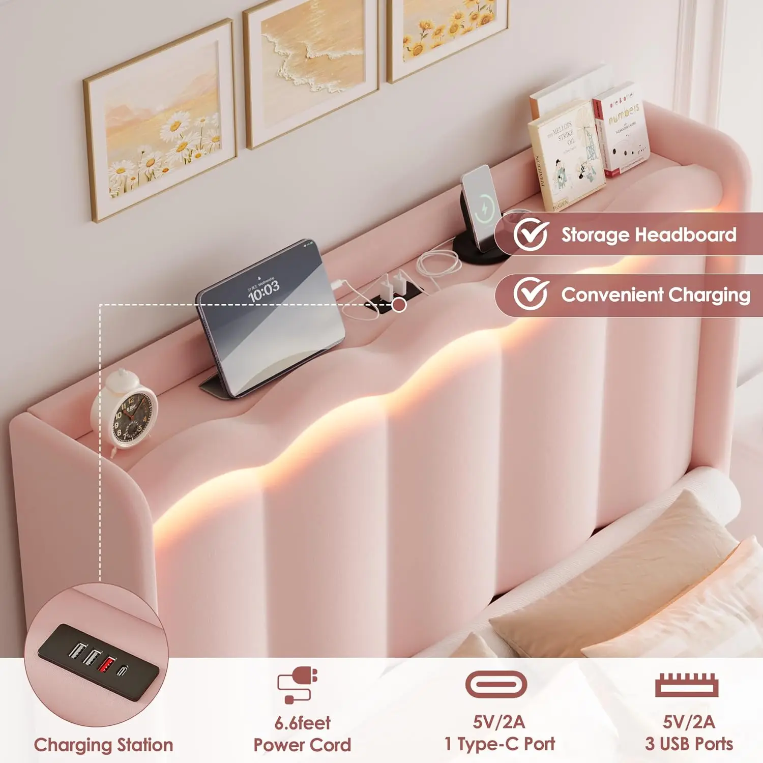 Full LED Bed Frame with USB Charging & 2 Drawers, Velvet Wingback Headboard, No Box Spring, Customized