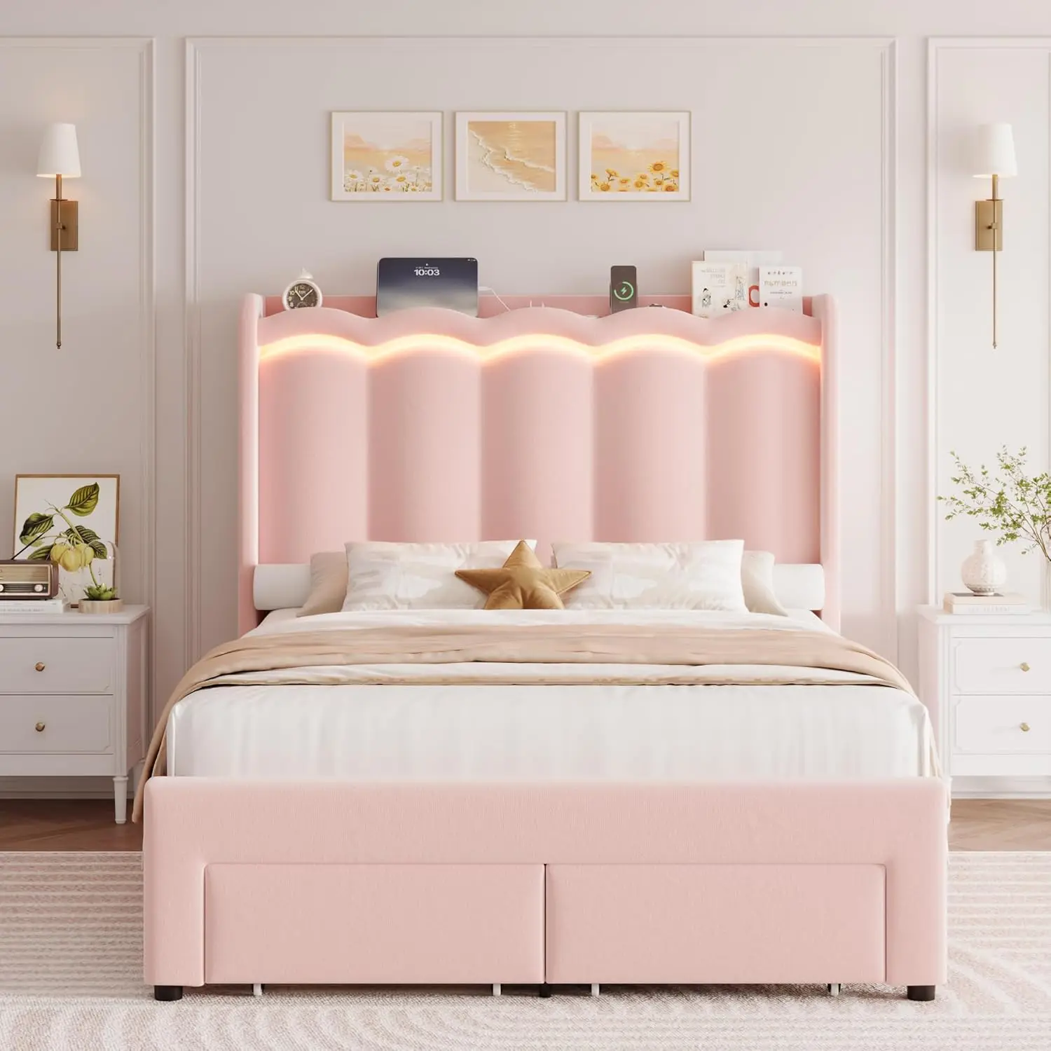 Full LED Bed Frame with USB Charging & 2 Drawers, Velvet Wingback Headboard, No Box Spring, Customized