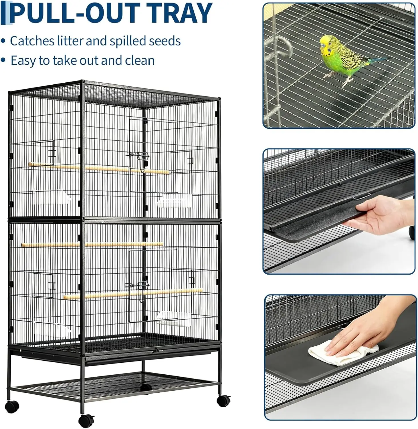 61" H Large Bird Cage with Rolling Storage Stands, Feed Bowls, Wide Tall Parakeet Cage for Parakeets, Parrot, Conures, Cockatiel