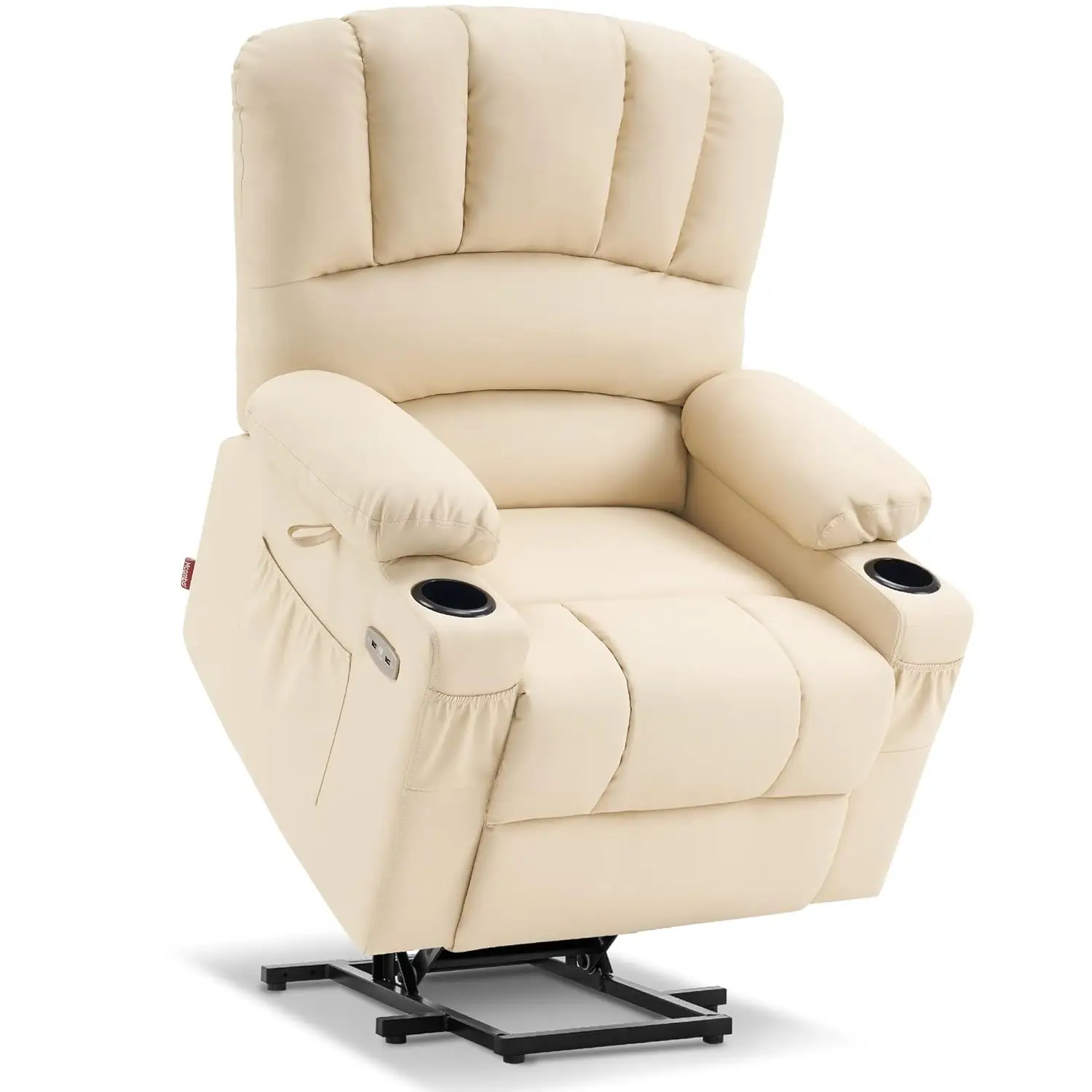 Power Lift Recliner Heat Massage USB Type C Cup Holder Faux Leather Medium Cream White, Customized