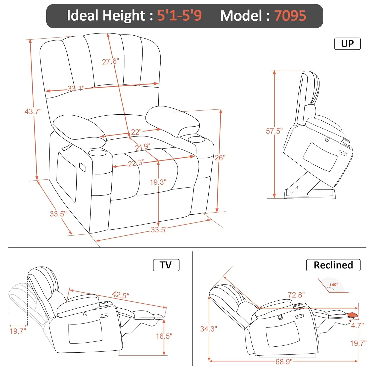Power Lift Recliner Heat Massage USB Type C Cup Holder Faux Leather Medium Cream White, Customized