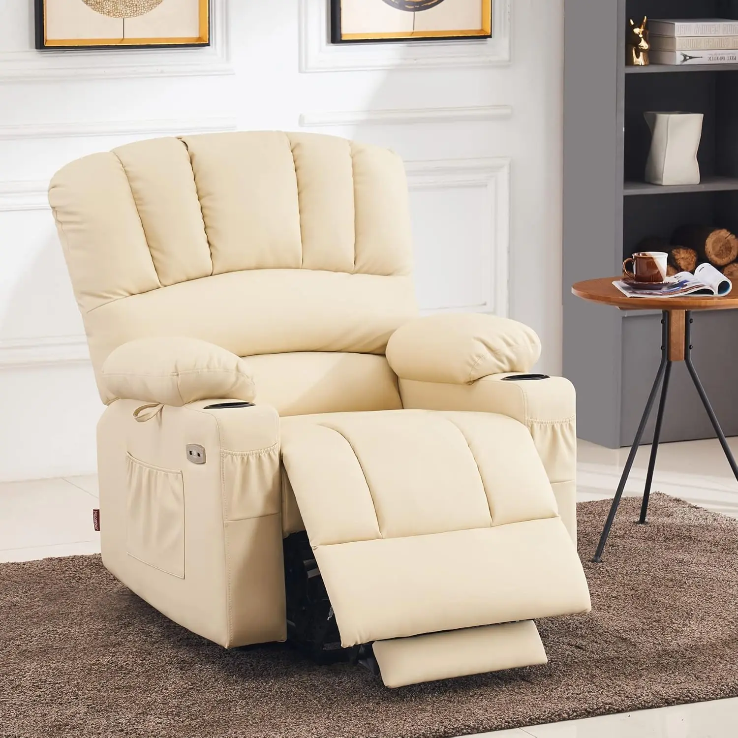 Power Lift Recliner Heat Massage USB Type C Cup Holder Faux Leather Medium Cream White, Customized