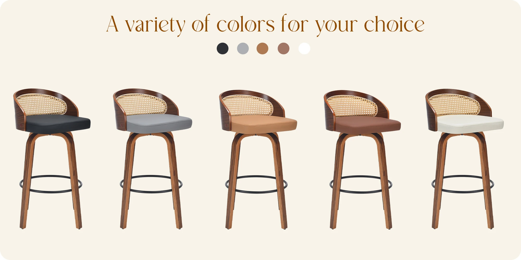 Set of 2 Swivel Bar Stools, Modern Wood Frame with Rattan Back, PU Leather Seat for Kitchen Counter, Bar Table