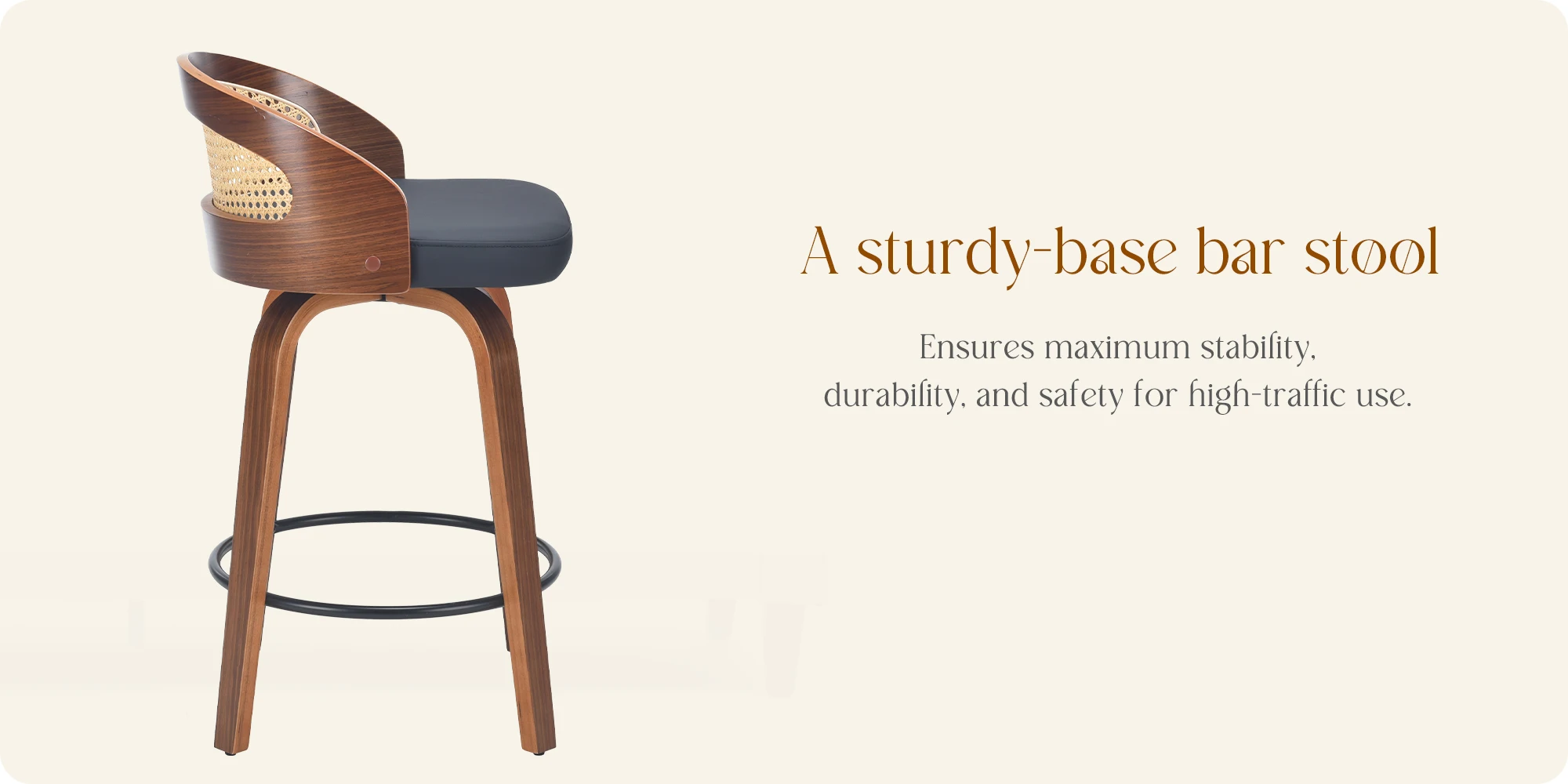 Set of 2 Swivel Bar Stools, Modern Wood Frame with Rattan Back, PU Leather Seat for Kitchen Counter, Bar Table