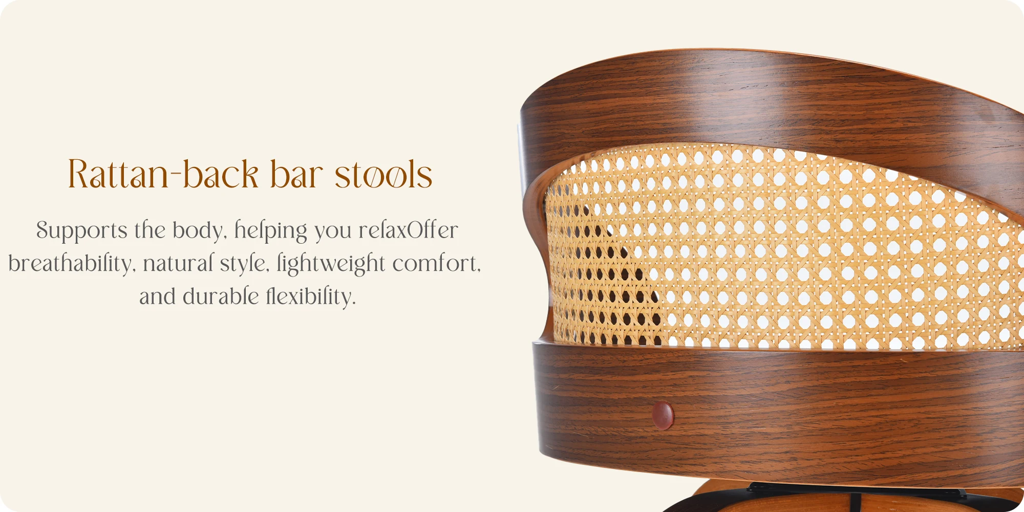 Set of 2 Swivel Bar Stools, Modern Wood Frame with Rattan Back, PU Leather Seat for Kitchen Counter, Bar Table