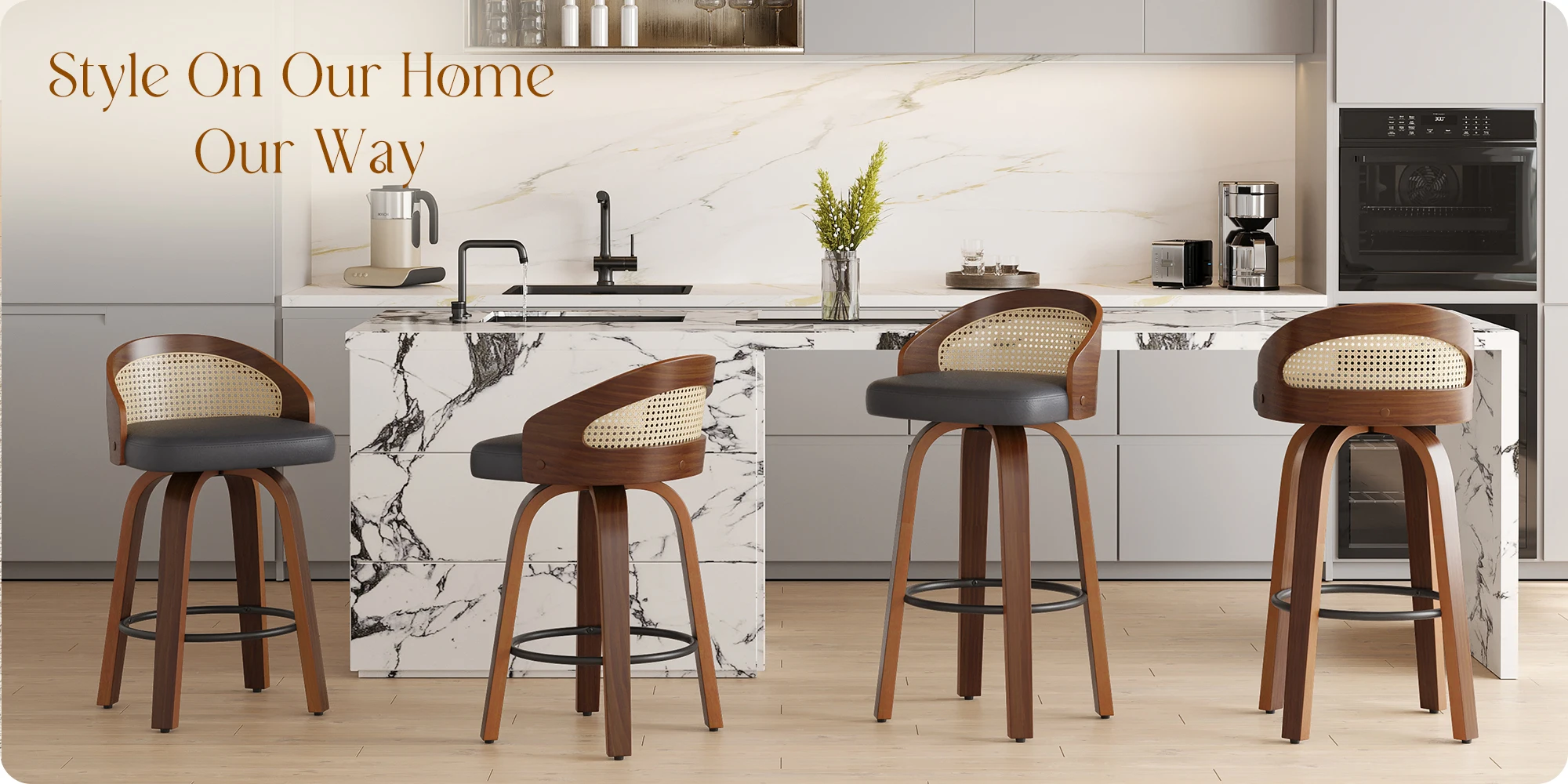 Set of 2 Swivel Bar Stools, Modern Wood Frame with Rattan Back, PU Leather Seat for Kitchen Counter, Bar Table