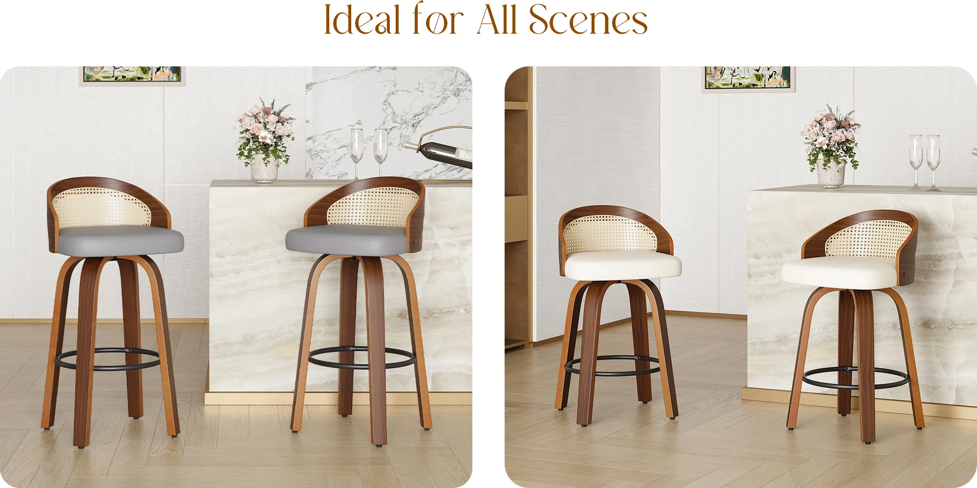 Set of 2 Swivel Bar Stools, Modern Wood Frame with Rattan Back, PU Leather Seat for Kitchen Counter, Bar Table