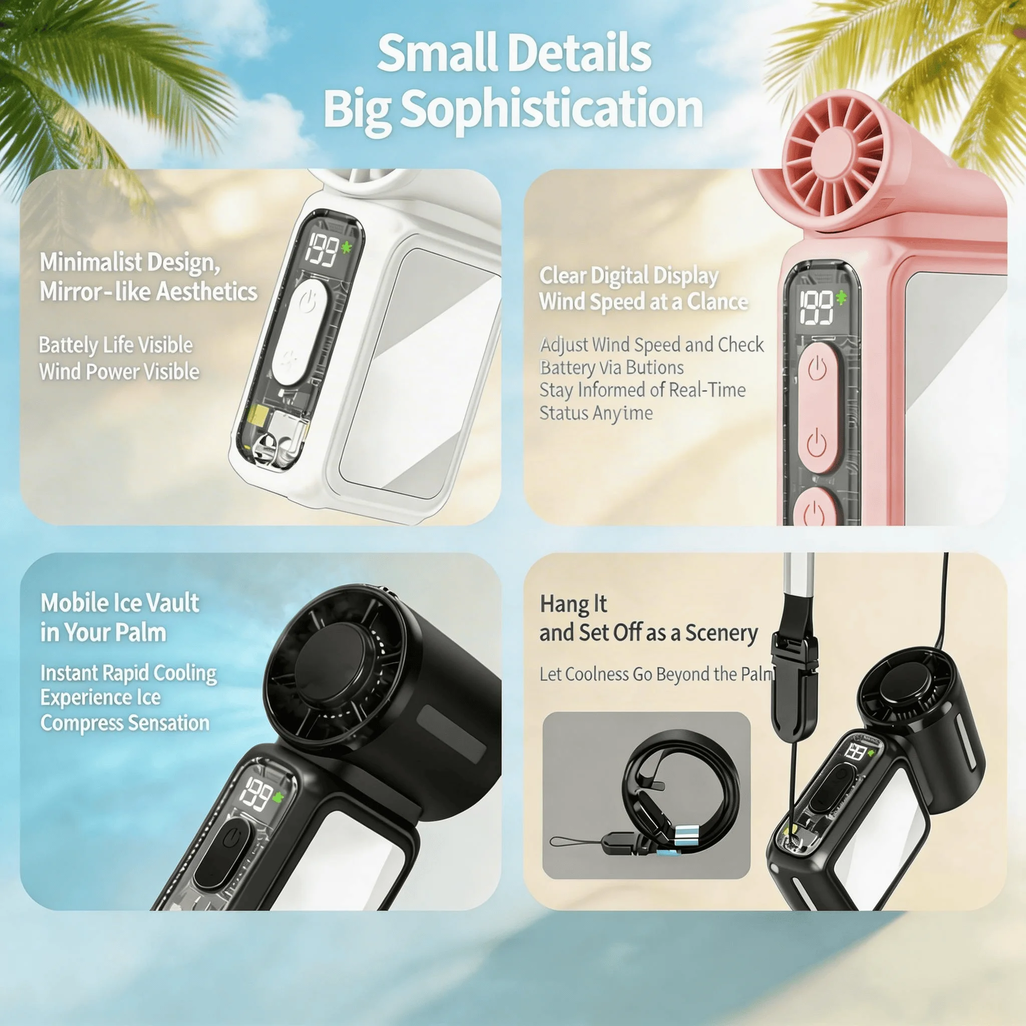 2026 Portable Fan,Handheld Neck Mini Fan With Makeup Mirror,5000mAh 13H Long Lasting,199 Speed Adjustable,LED Flashlight&SOS Light,Type-C Rechargeable Ultra Quiet Fan For Camping Outdoor Work Travel Dorm Truck,Gift Use,Random Cat/Butterfly Sticker