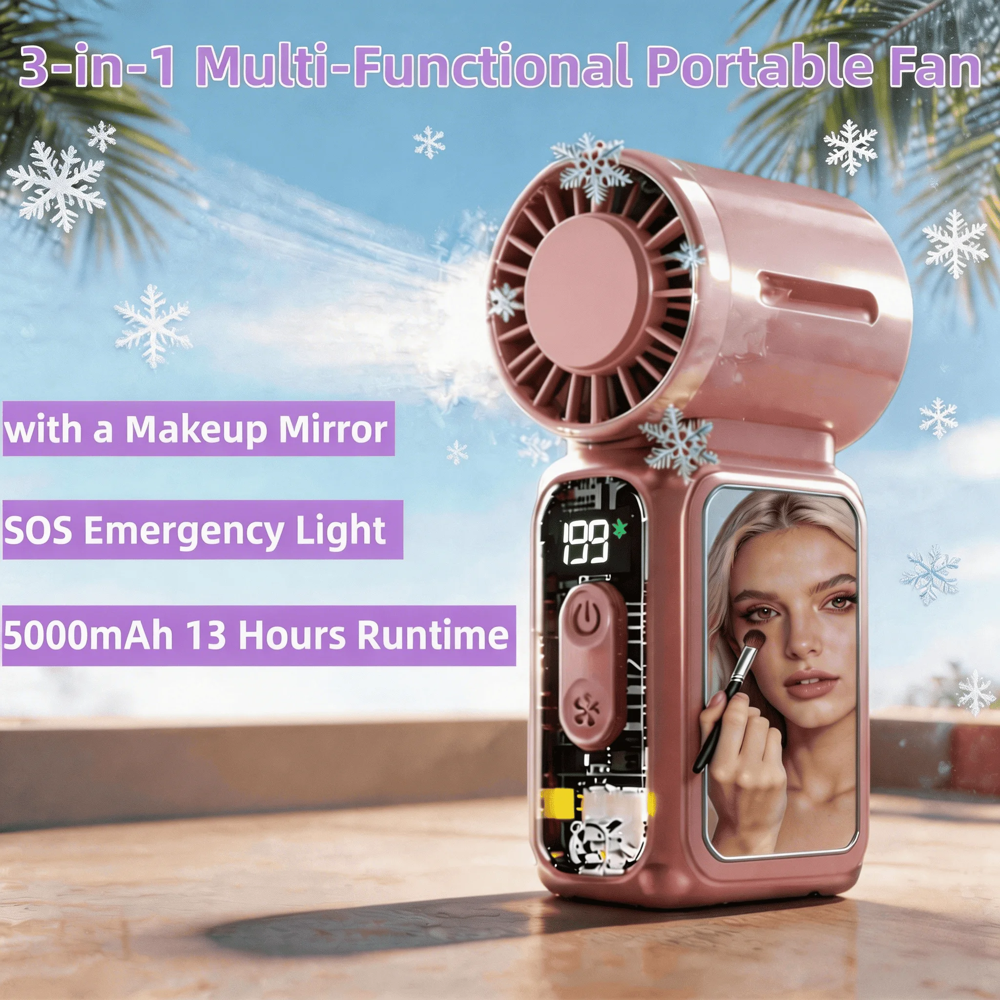 2026 Portable Fan,Handheld Neck Mini Fan With Makeup Mirror,5000mAh 13H Long Lasting,199 Speed Adjustable,LED Flashlight&SOS Light,Type-C Rechargeable Ultra Quiet Fan For Camping Outdoor Work Travel Dorm Truck,Gift Use,Random Cat/Butterfly Sticker