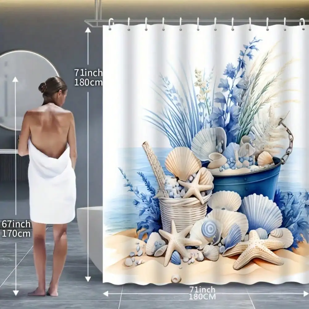 1/3/4pcs Vintage Elegant 3D Shell Starfish Print Bathroom Set, Decorative Bathroom Set Includes Waterproof Shower Curtain