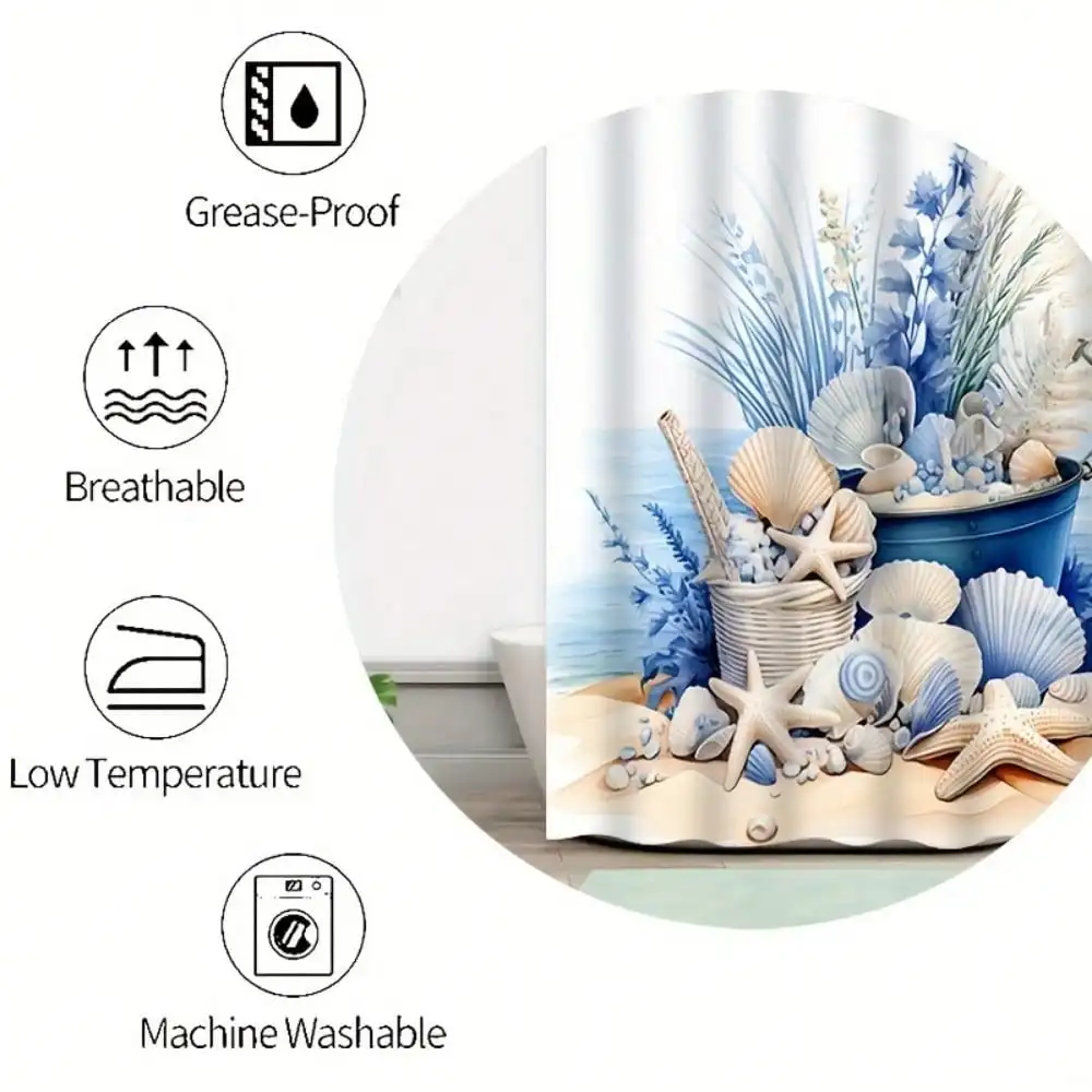 1/3/4pcs Vintage Elegant 3D Shell Starfish Print Bathroom Set, Decorative Bathroom Set Includes Waterproof Shower Curtain