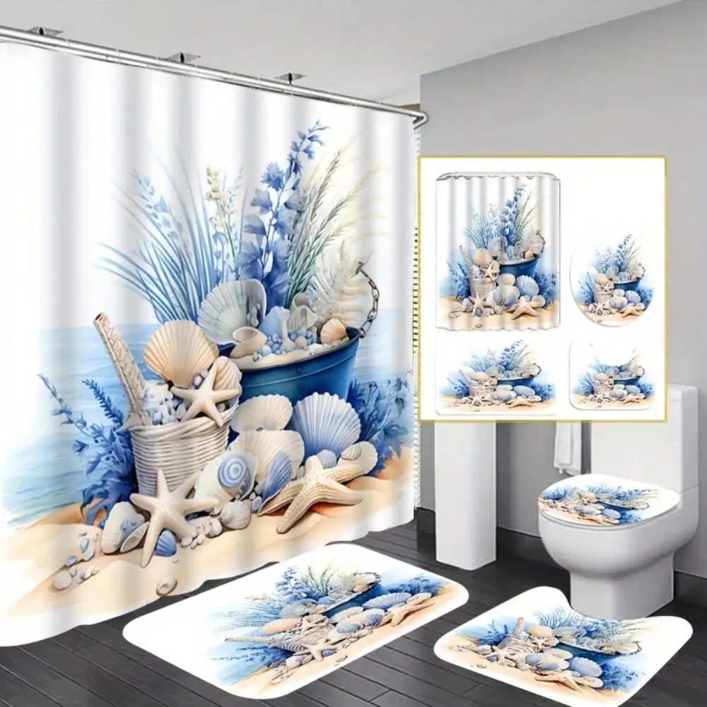 1/3/4pcs Vintage Elegant 3D Shell Starfish Print Bathroom Set, Decorative Bathroom Set Includes Waterproof Shower Curtain
