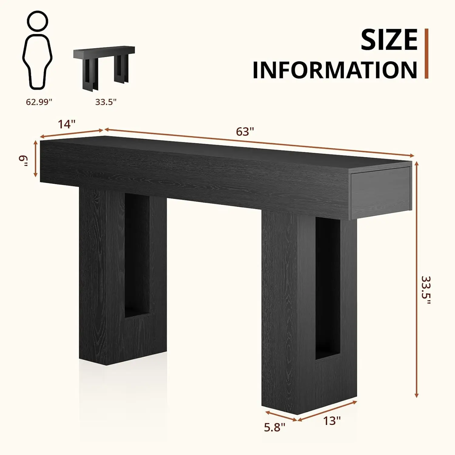 63in Long Console Table with Drawers Wood Industrial Sofa Entry Table for Living Room Hallway, Customized