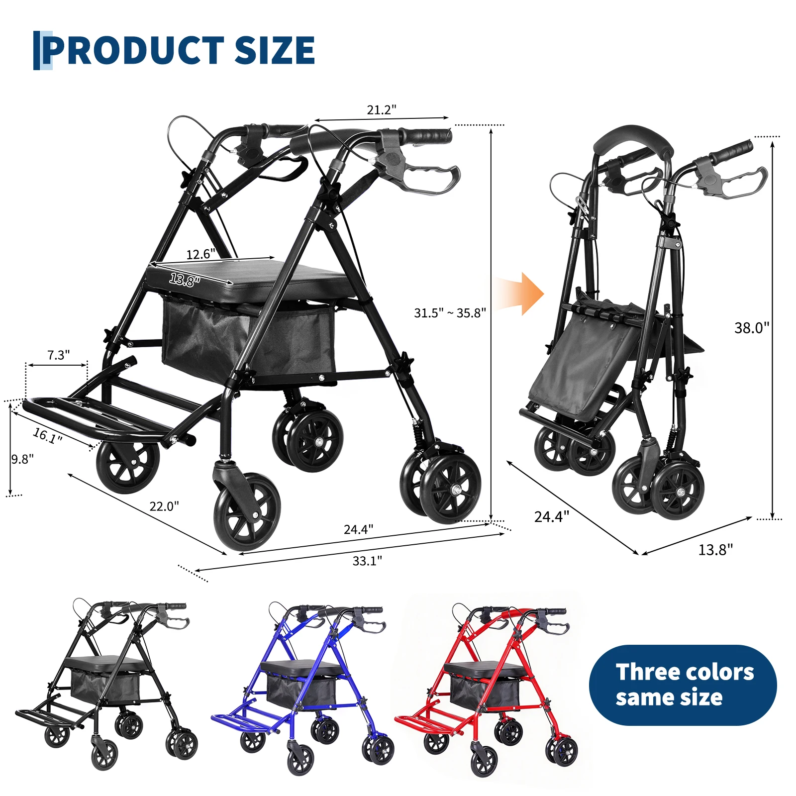 Lightweight Foldable Transport Wheelchair for Adults Foldable Portable Wheelchair Adjustable Height & Underseat Storage Bag