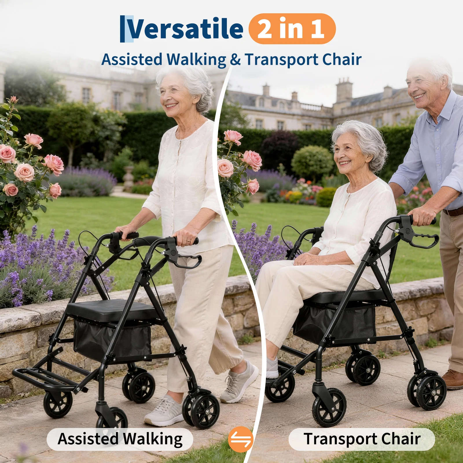 Lightweight Foldable Transport Wheelchair for Adults Foldable Portable Wheelchair Adjustable Height & Underseat Storage Bag