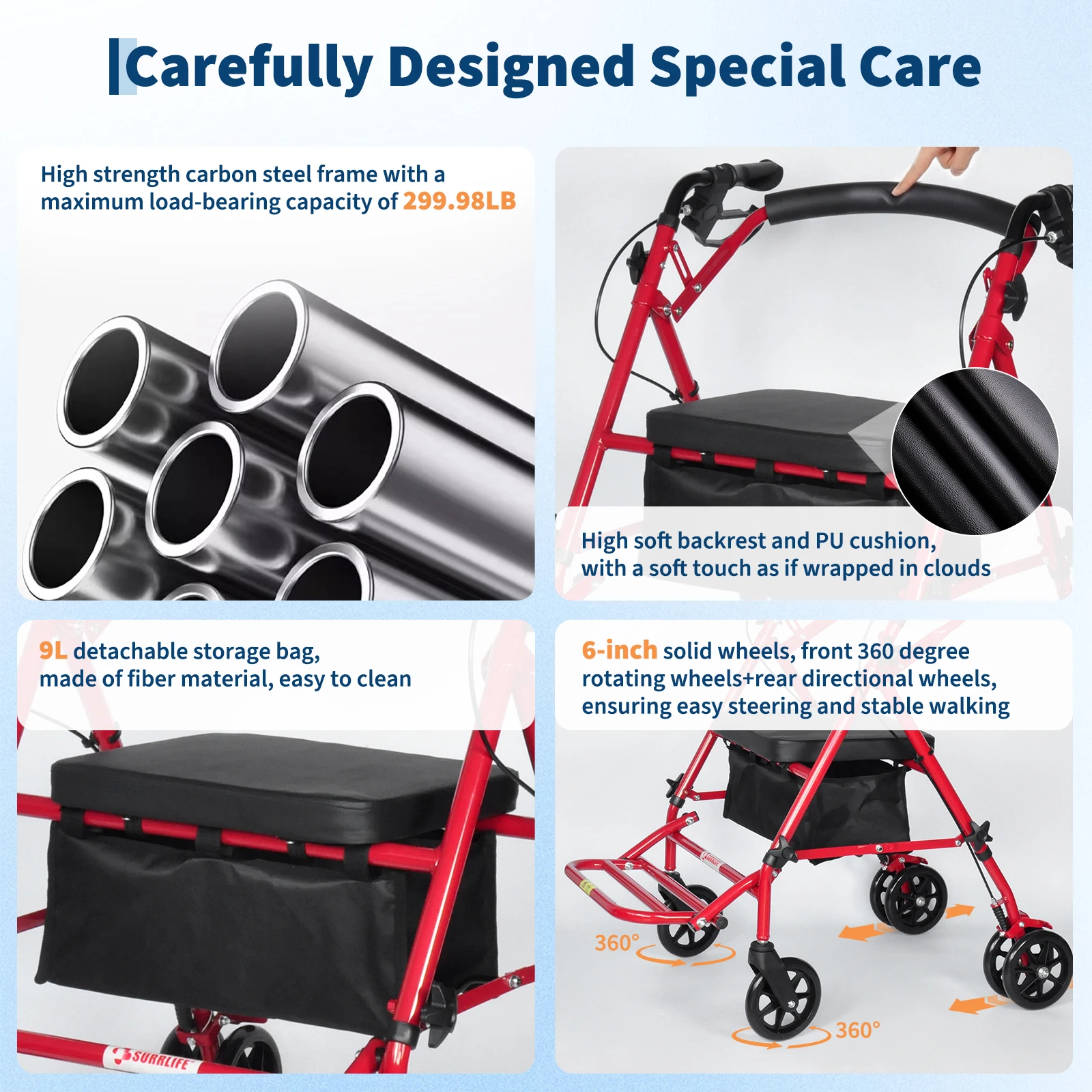 Lightweight Foldable Transport Wheelchair for Adults Foldable Portable Wheelchair Adjustable Height & Underseat Storage Bag
