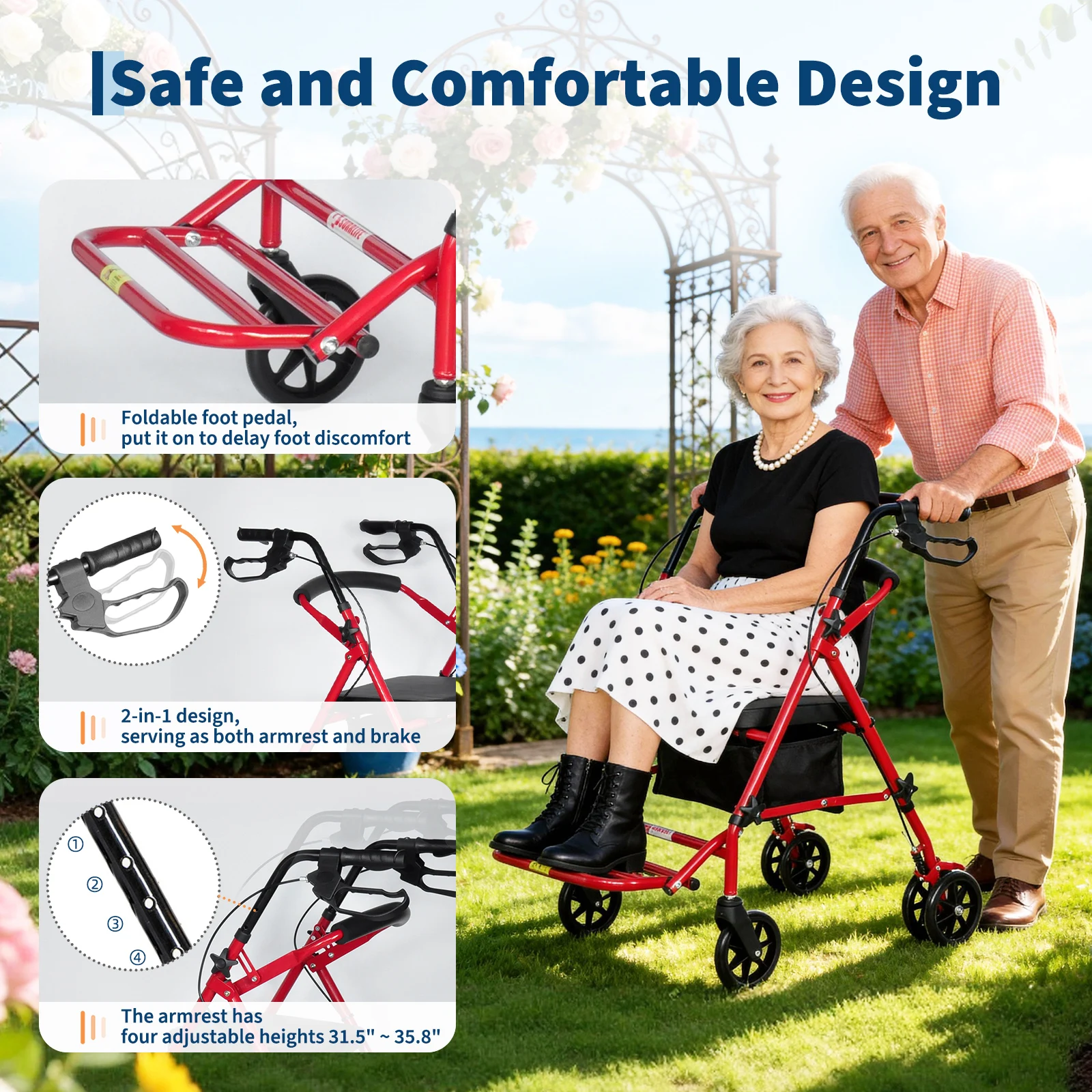 Lightweight Foldable Transport Wheelchair for Adults Foldable Portable Wheelchair Adjustable Height & Underseat Storage Bag