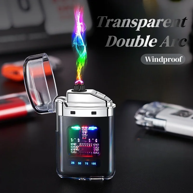Transparent Dual Arc Plasma Lighter Windproof Electric Pulse Lighter Type-C Fast Rechargeable Portable Gift for Camping Candles