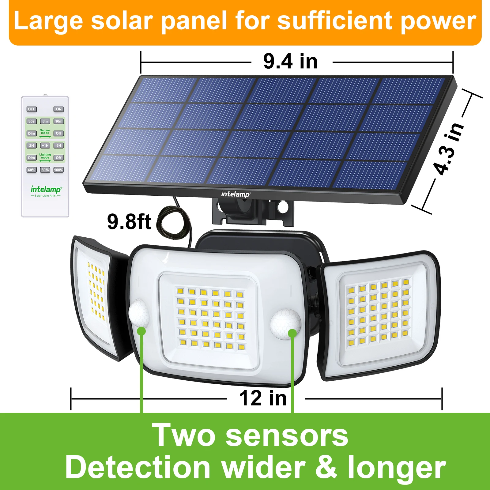 Intelamp Top Brand Long Life 4000Mah Outdoor Solar Led Lights Spotlight Large Solar Panel With 3 Modes Two Motion Sensors Security Flood Light Wall Lamp For Garden Yard Garage