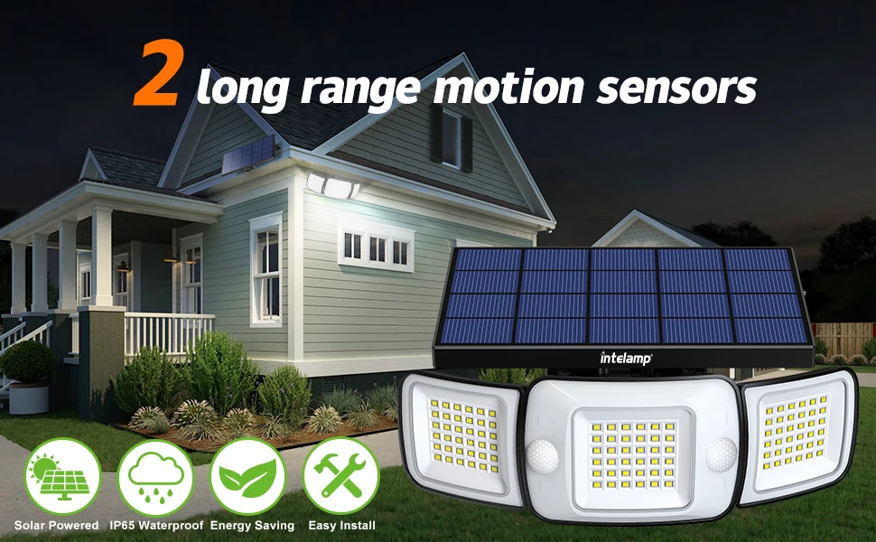 Intelamp Top Brand Long Life 4000Mah Outdoor Solar Led Lights Spotlight Large Solar Panel With 3 Modes Two Motion Sensors Security Flood Light Wall Lamp For Garden Yard Garage