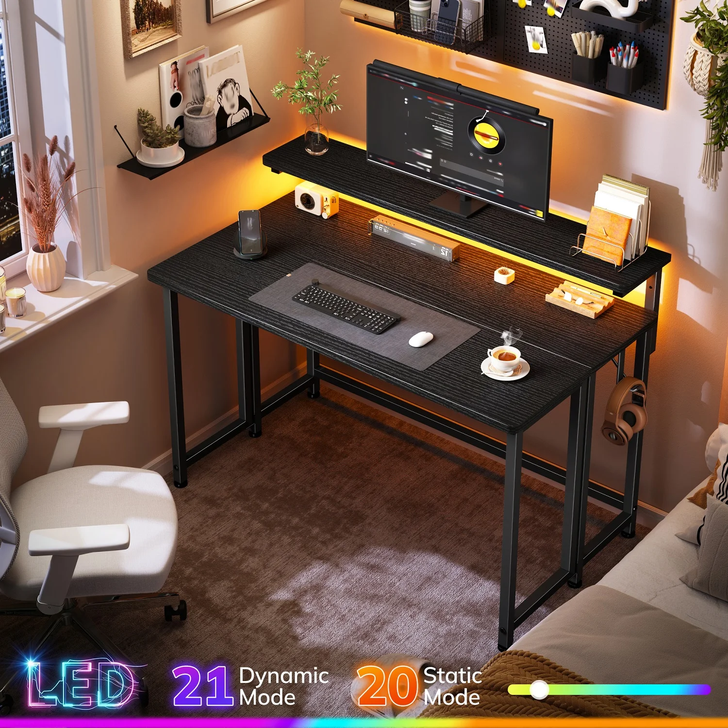 EnHomee Foldable Computer Desk with Monitor Stand & RGB LED Lights, Small Space Gaming Writing Table with Storage & Hooks