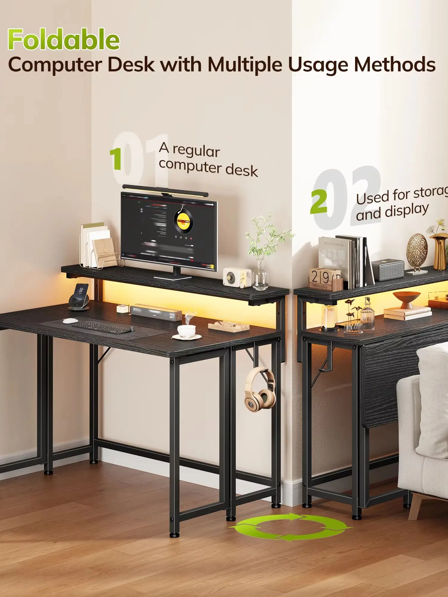 EnHomee Foldable Computer Desk with Monitor Stand & RGB LED Lights, Small Space Gaming Writing Table with Storage & Hooks