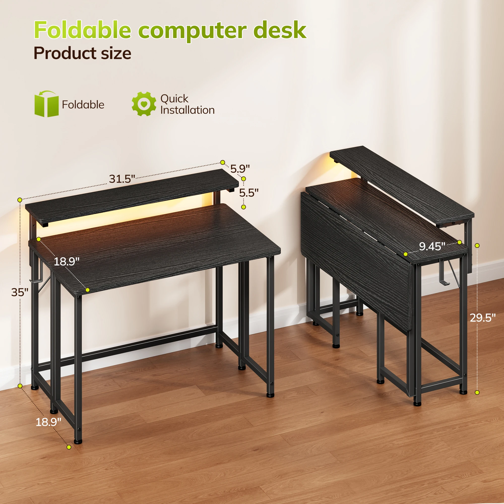 EnHomee Foldable Computer Desk with Monitor Stand & RGB LED Lights, Small Space Gaming Writing Table with Storage & Hooks
