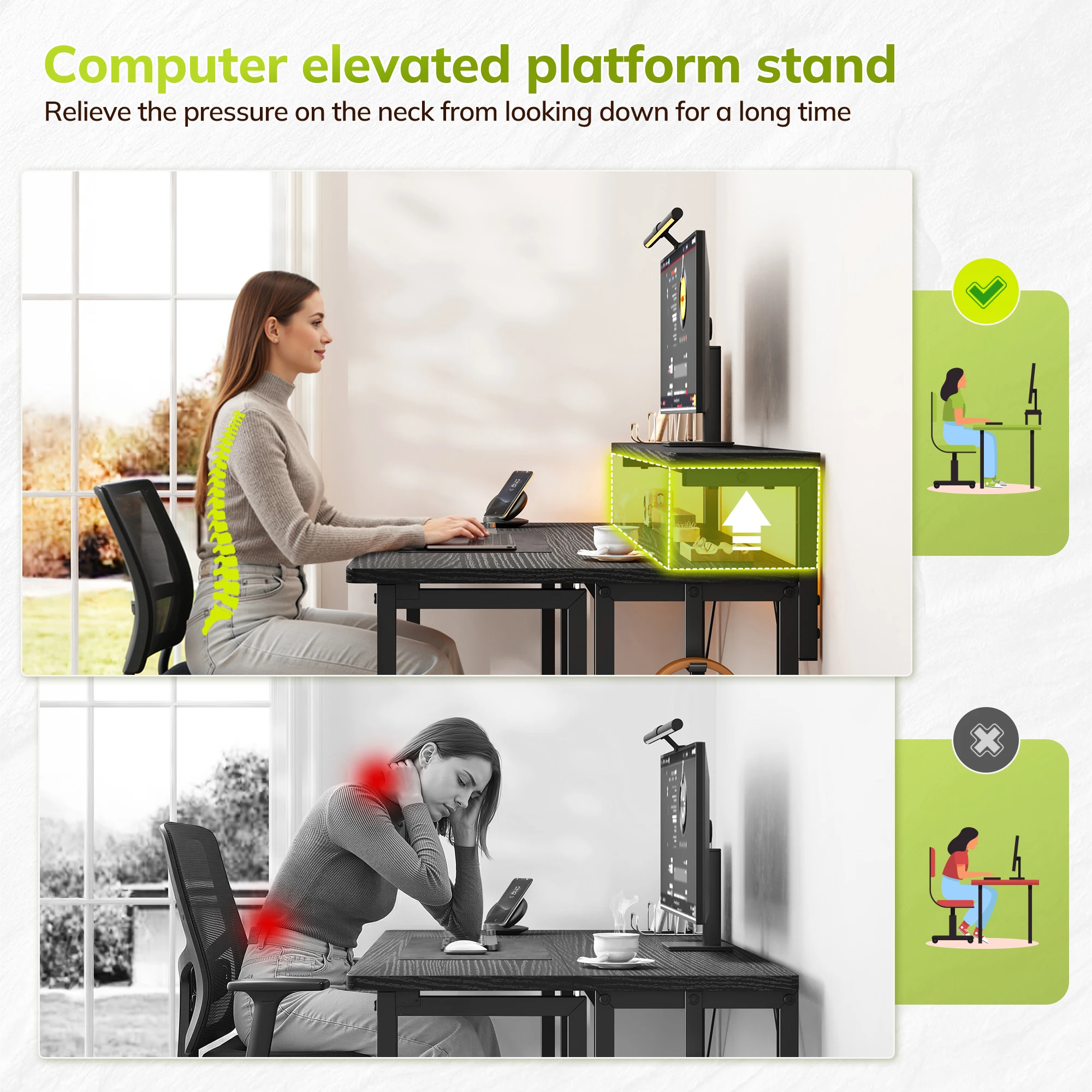 EnHomee Foldable Computer Desk with Monitor Stand & RGB LED Lights, Small Space Gaming Writing Table with Storage & Hooks