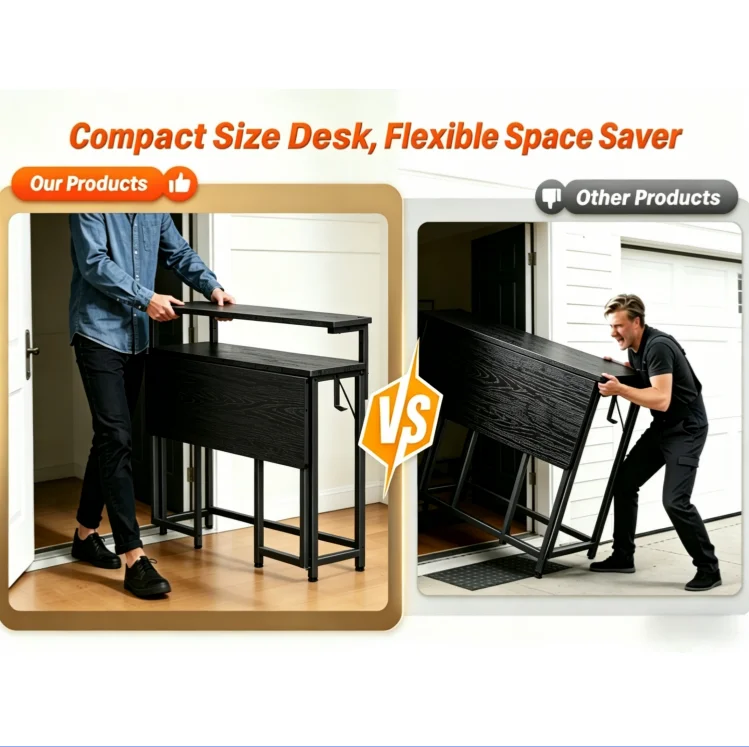EnHomee Foldable Computer Desk with Monitor Stand & RGB LED Lights, Small Space Gaming Writing Table with Storage & Hooks