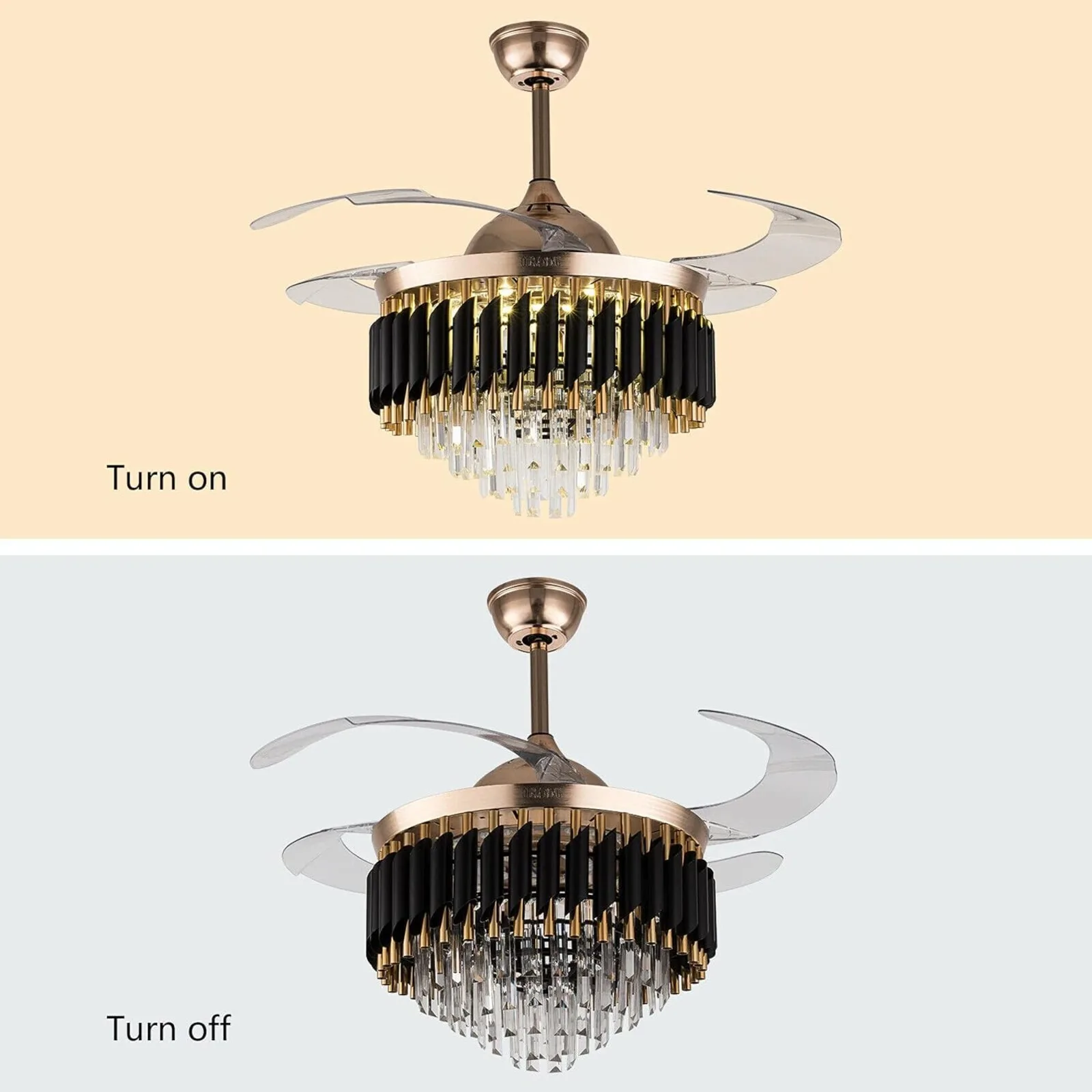 Crystal Ceiling Fan 3 Color Luxury Invisible Chandelier Fan with LED Light Retractable Blades for Living Room , Remote Control