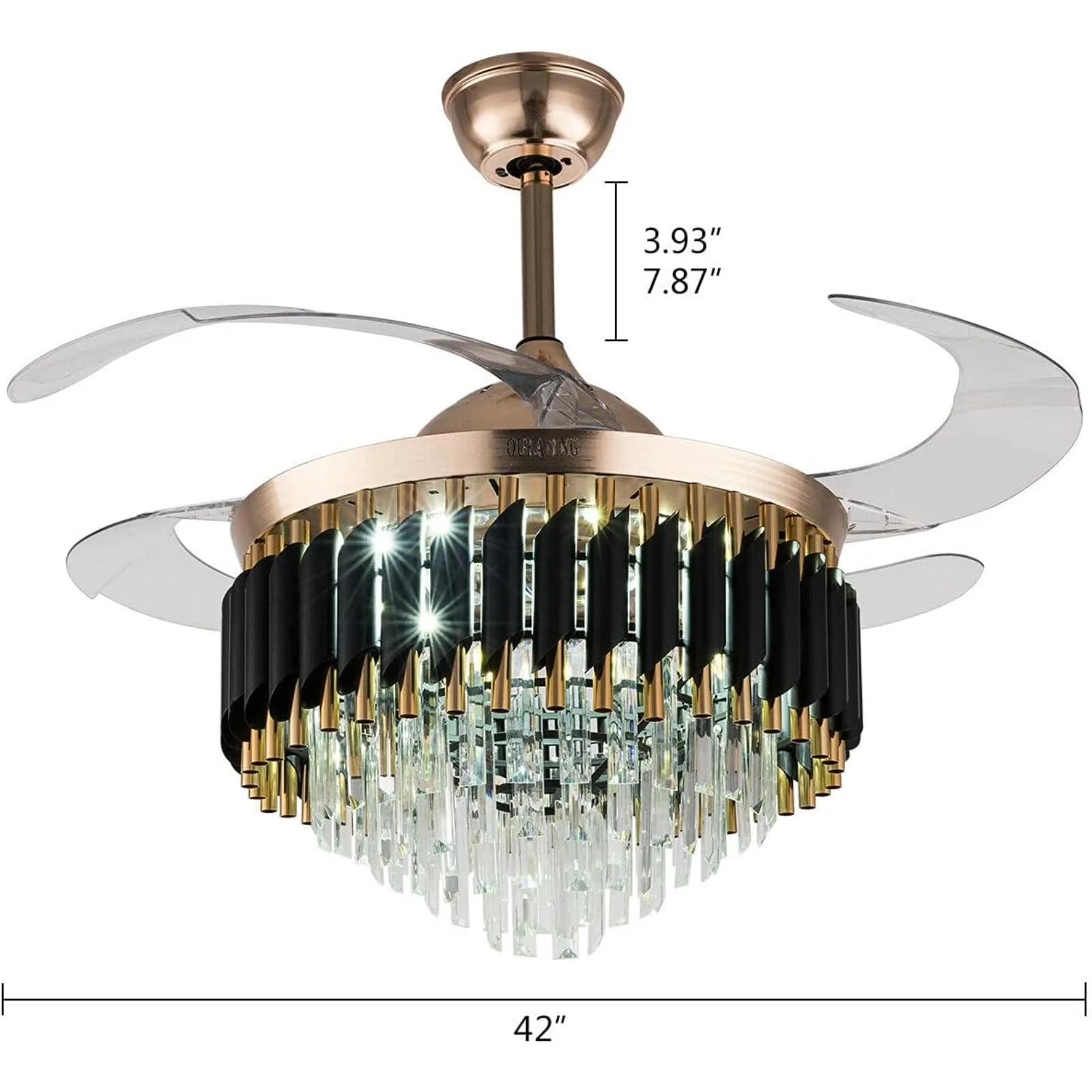 Crystal Ceiling Fan 3 Color Luxury Invisible Chandelier Fan with LED Light Retractable Blades for Living Room , Remote Control