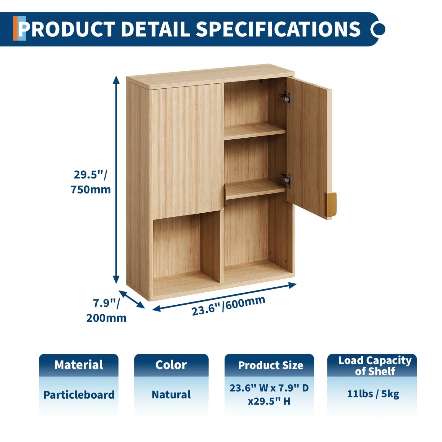 Fluted Bathroom Wall Cabinet, Over Toilet Storage Cabinet with Adjustable Shelf, Modern Wooden Medicine Cabinet with Buffering Hinges, Bathroom Organizer