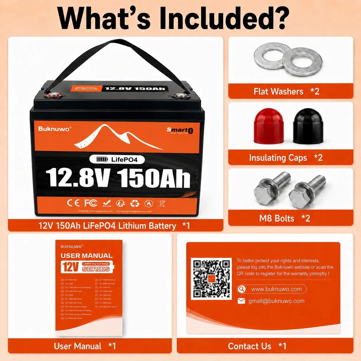 Buknuwo Smart 12V/12.8V 150Ah Bluetooth LiFePO4 Lithium Battery, 1920Wh Power Energy Battery, Built-in 100A BMS Grade A Cells, Low-Temp Protection, Capable Of Over 4, 000 Cycles Support Series/Parallel Battery For Solar, RV, Marine, Off-Grid Application