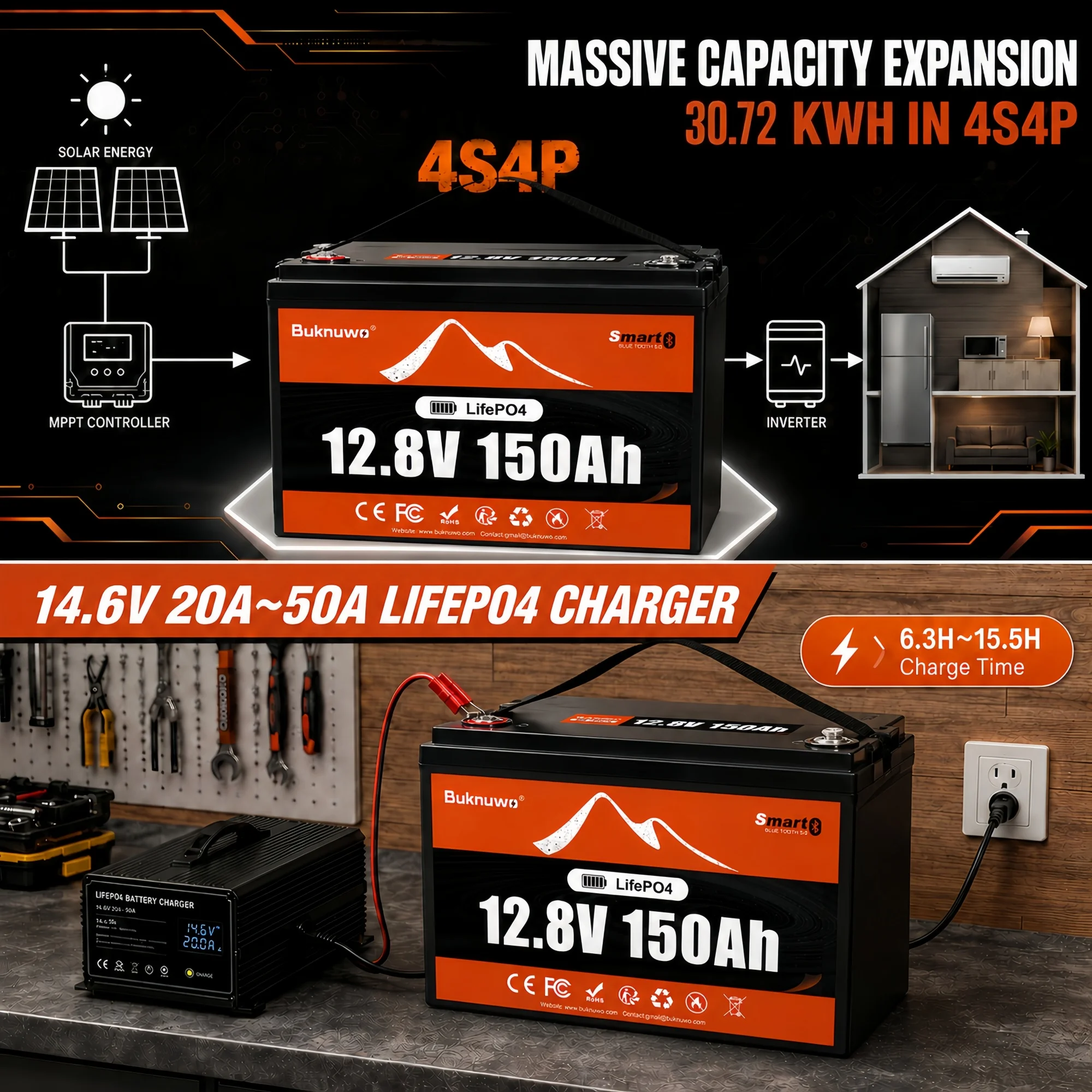 Buknuwo Smart 12V/12.8V 150Ah Bluetooth LiFePO4 Lithium Battery, 1920Wh Power Energy Battery, Built-in 100A BMS Grade A Cells, Low-Temp Protection, Capable Of Over 4, 000 Cycles Support Series/Parallel Battery For Solar, RV, Marine, Off-Grid Application
