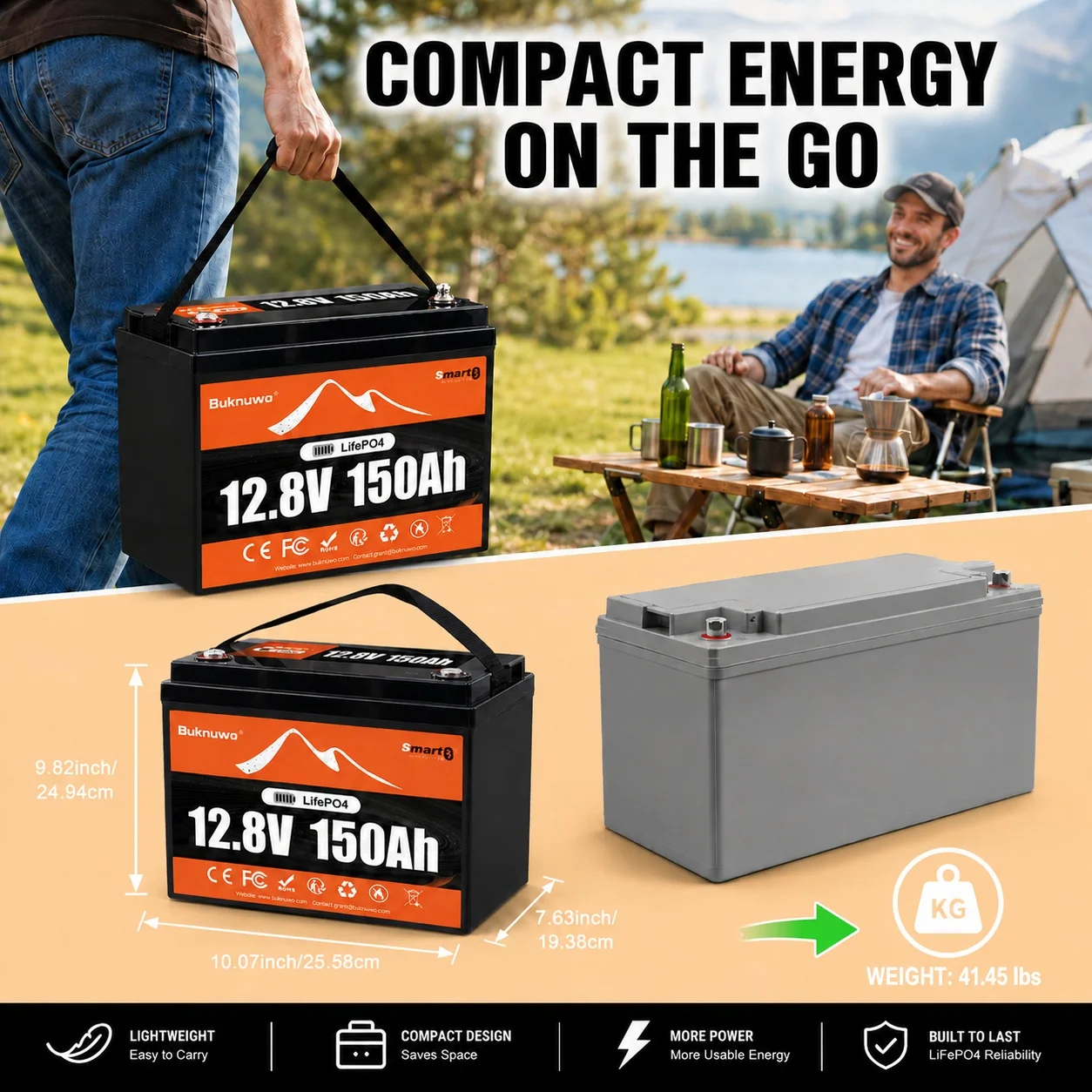 Buknuwo Smart 12V/12.8V 150Ah Bluetooth LiFePO4 Lithium Battery, 1920Wh Power Energy Battery, Built-in 100A BMS Grade A Cells, Low-Temp Protection, Capable Of Over 4, 000 Cycles Support Series/Parallel Battery For Solar, RV, Marine, Off-Grid Application